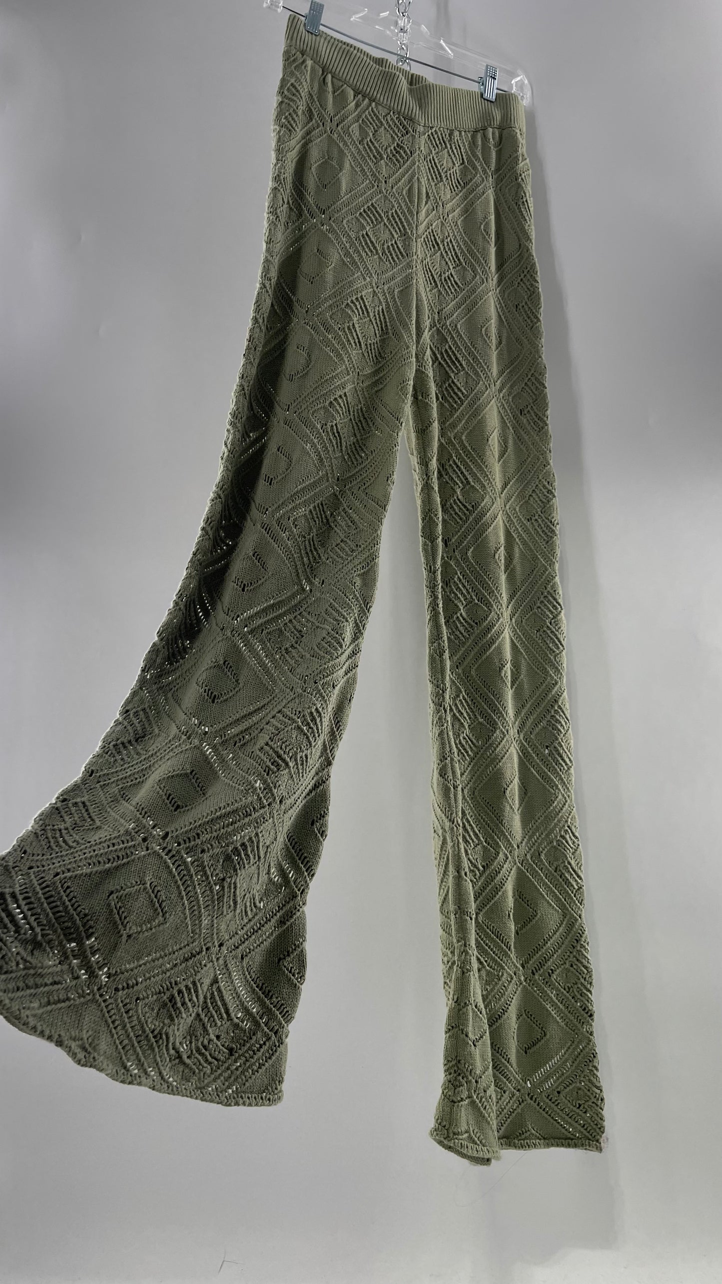 Free People Beach Sage Green Crochet Wooden Button Front Cardigan and Wide Leg Set (Medium)
