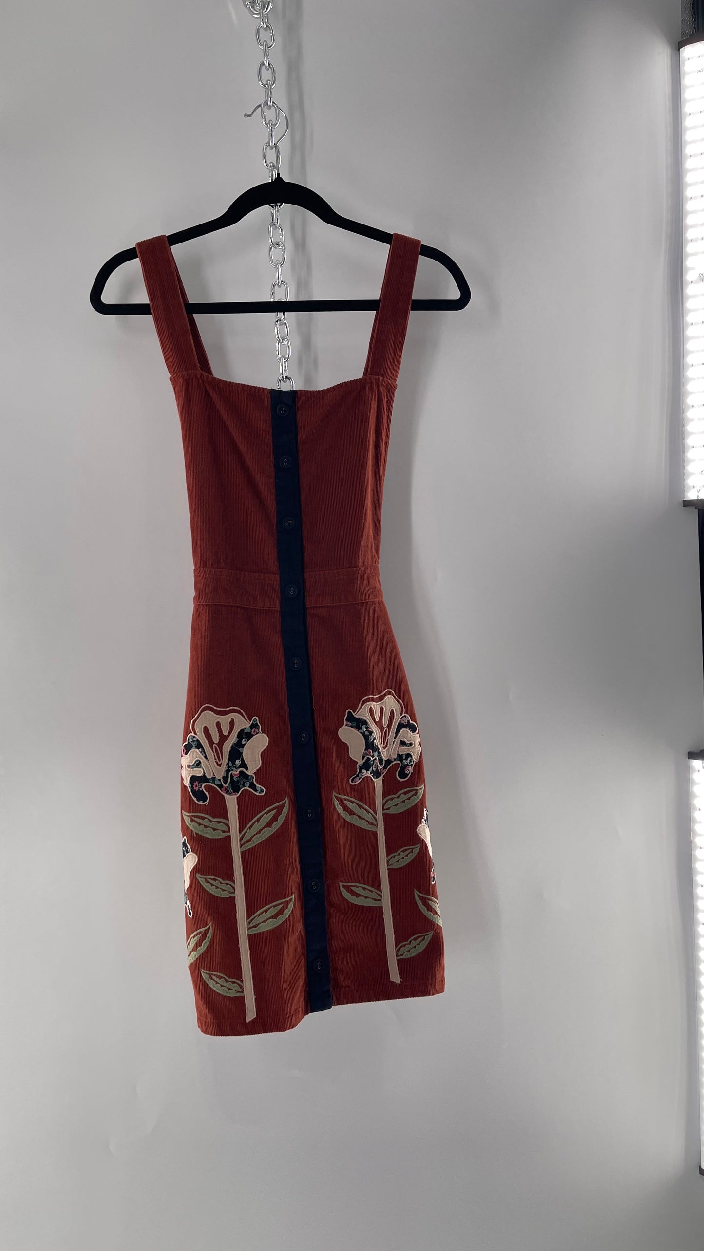 Seen. Worn. Kept. Anthropologie Terracotta Burnt Orange Corduroy Overall Dress with Embroidered Flower Details (S)