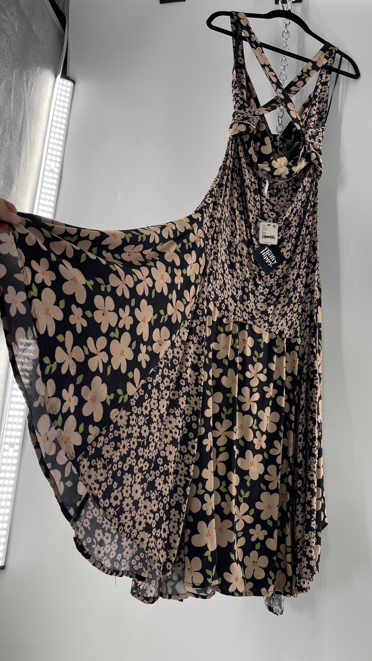 Free People Daisy Mixed Pattern Black/Beige Button Front Full Length Dress (XS)