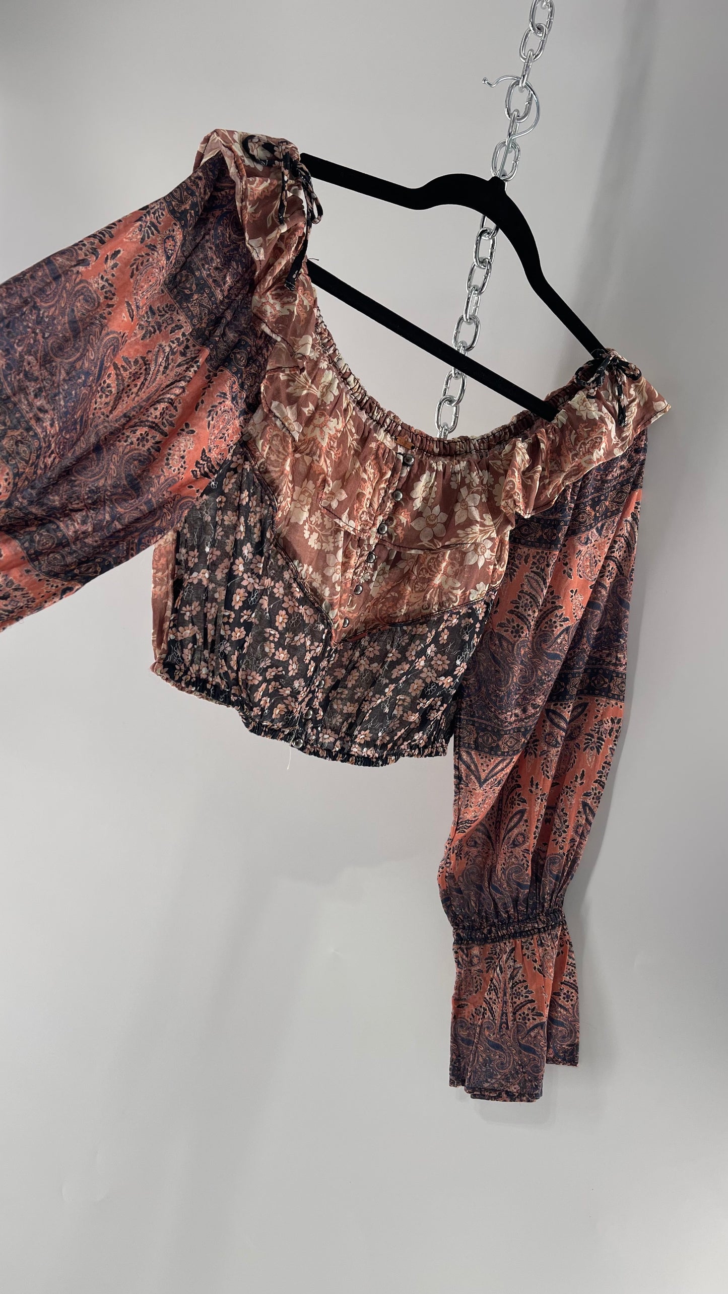 Free People Cotton Pink Blue Mixed Paisley Patterned Cropped Blouse with Bell Sleeves, Button Front and Ruffled Neckline with Bow Tie Detail (XS)