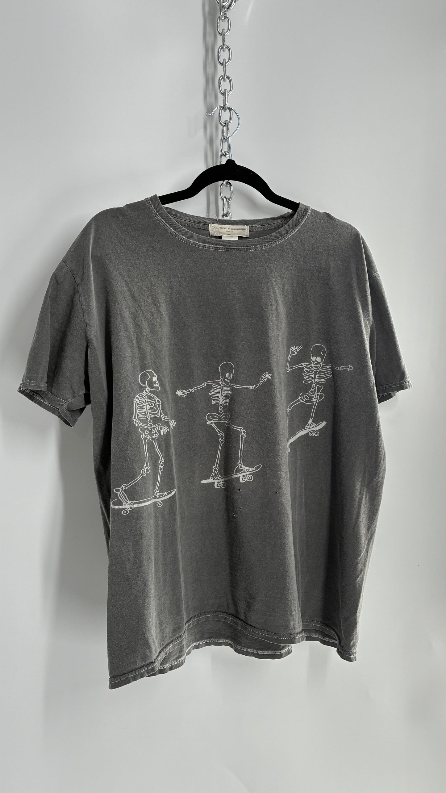 Project Social T Urban Outfitters Grey Distressed Skating Skeletons T Shirt (One Size)