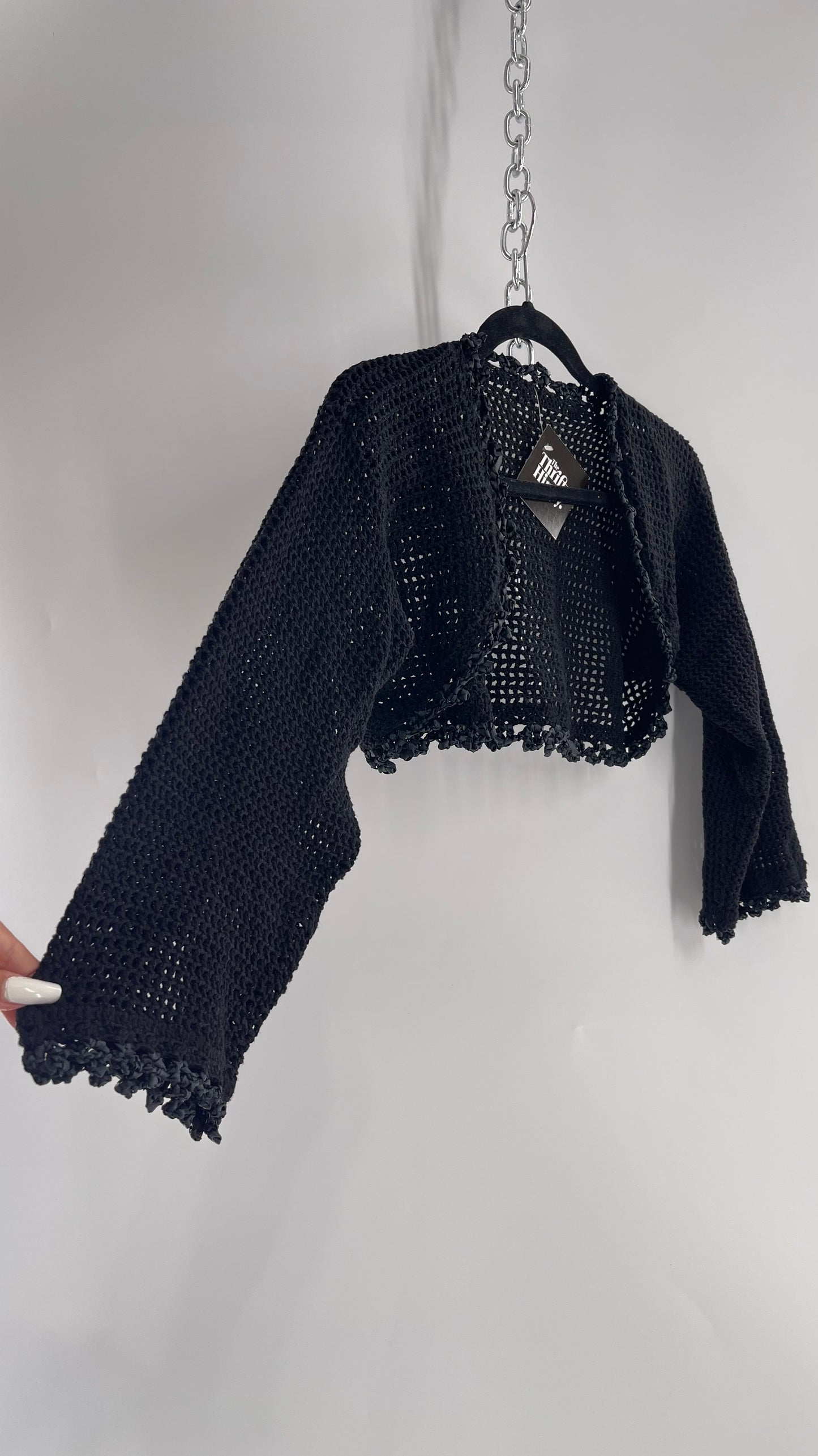 Vintage Black Hand Knit Crochet Shrug with Ribbon Detailing (Medium)