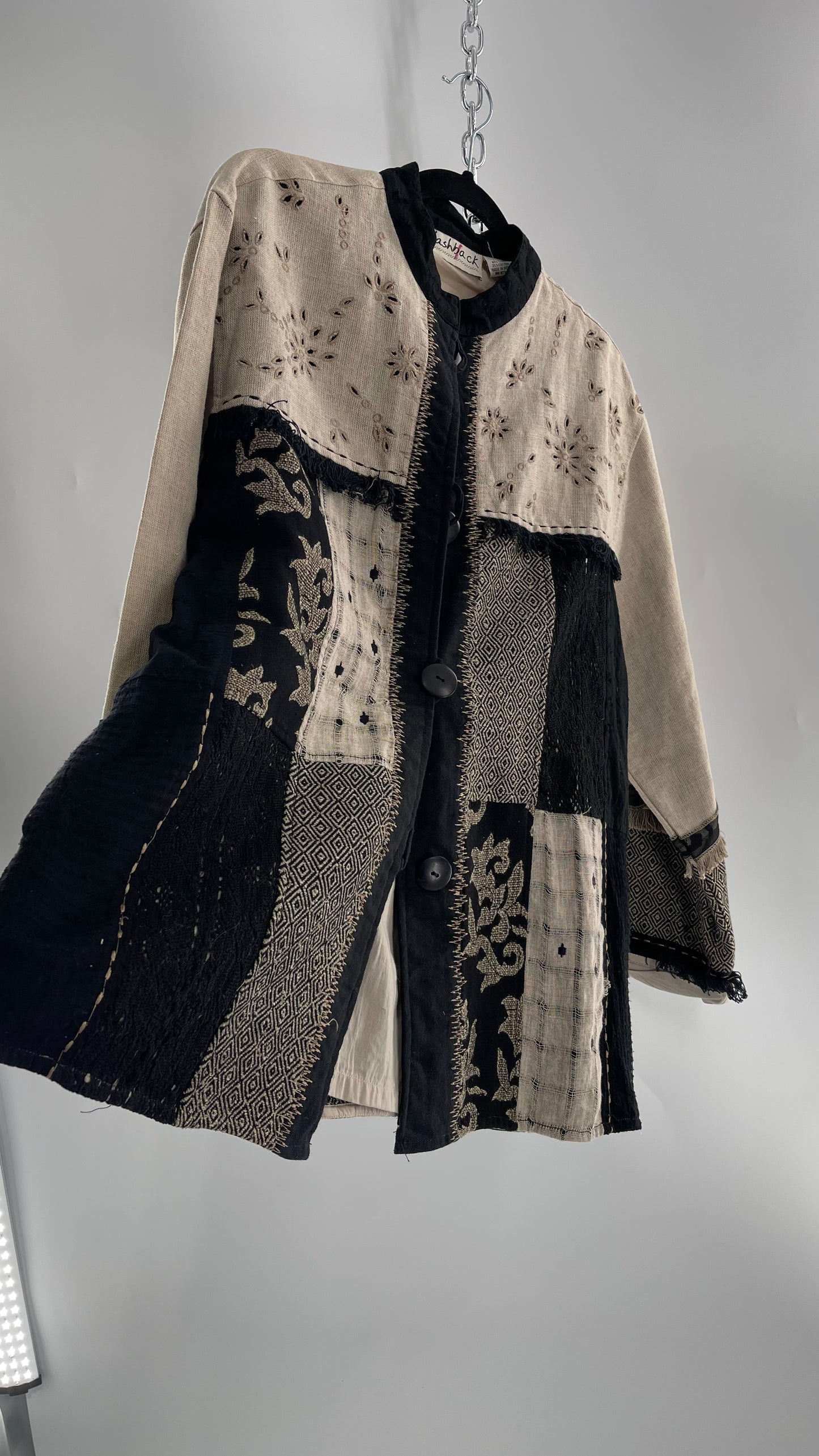 Deadstock Vintage Flashback Patchwork Coat with Mixed Neutral Fabrics, Embroidery and Fringe Details (Large)