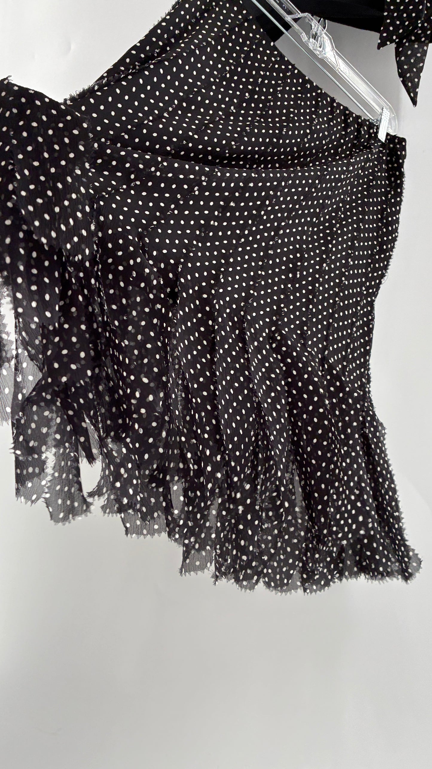 Vintage DANA BUCHMAN 100% Silk Polka Dotted Fringe Skirt and Off the Shoulder Top (Medium)