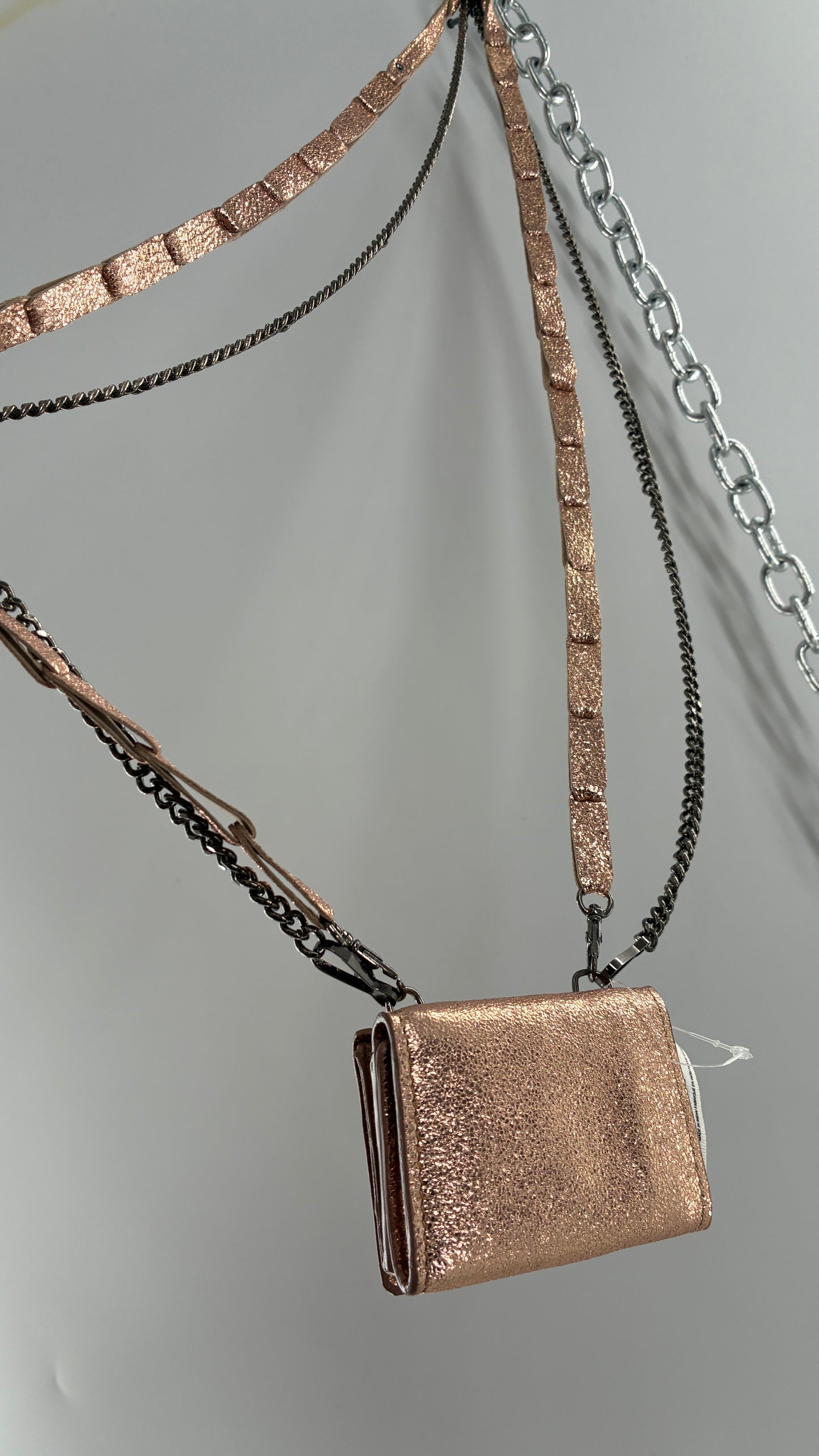 Free People Rose Gold Metallic Goat Leather Wallet with Leather and Chain Straps