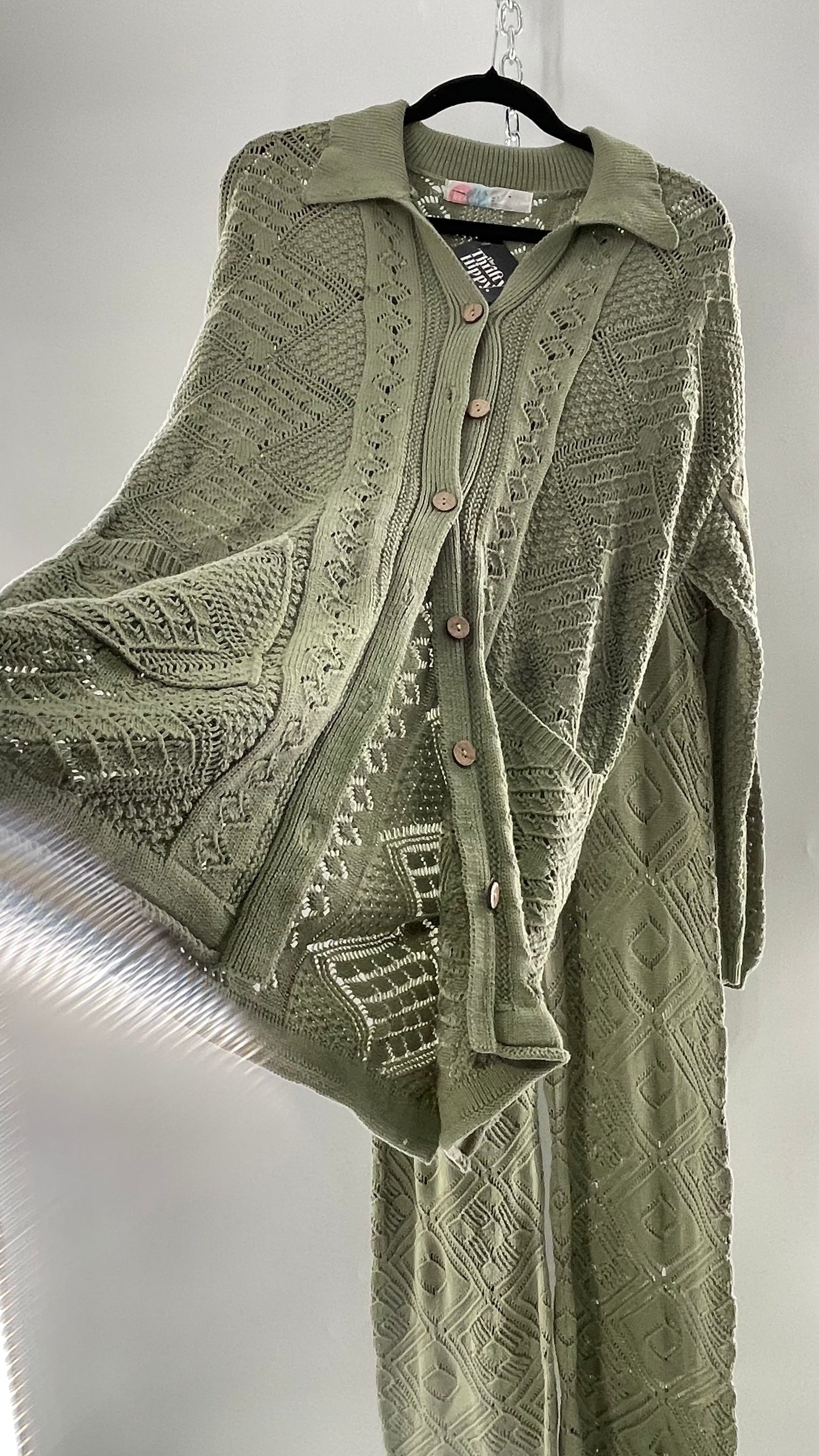 Free People Beach Sage Green Crochet Wooden Button Front Cardigan and Wide Leg Set (Medium)