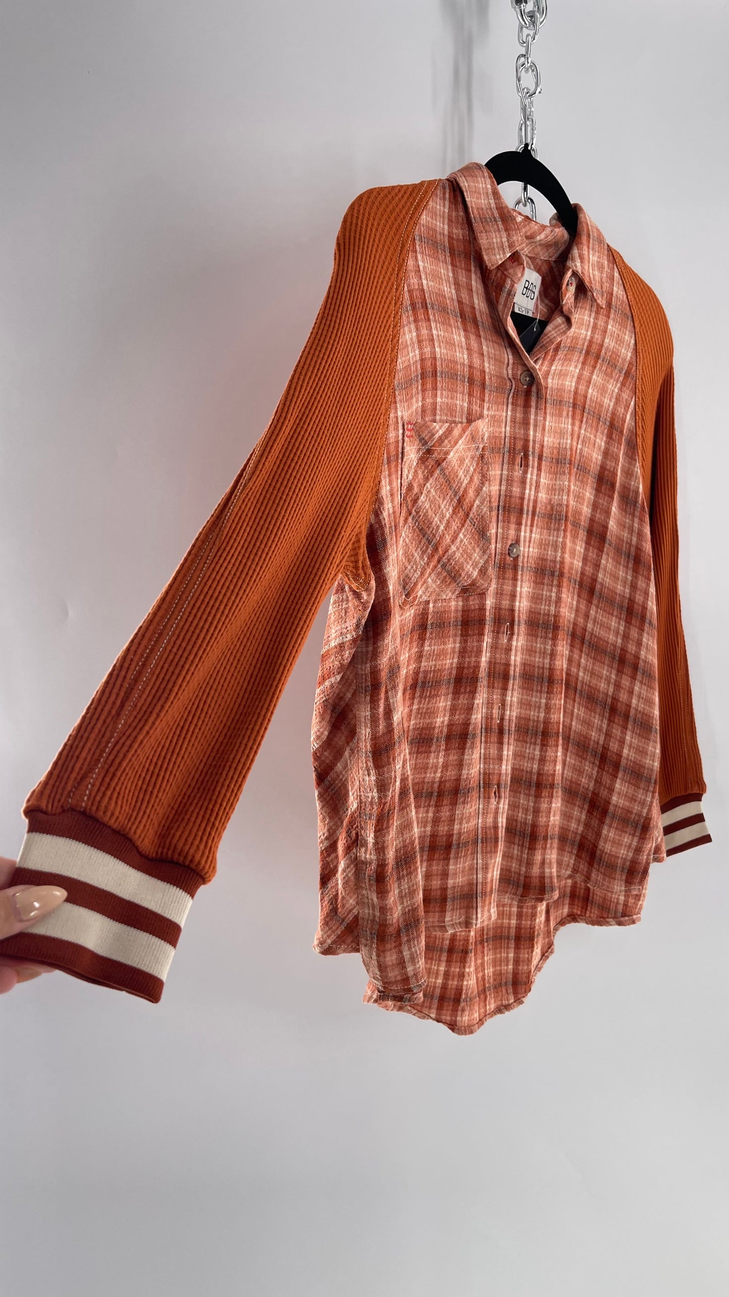 BDG Burnt Orange Flannel with Waffle Knit Sleeves (XS)