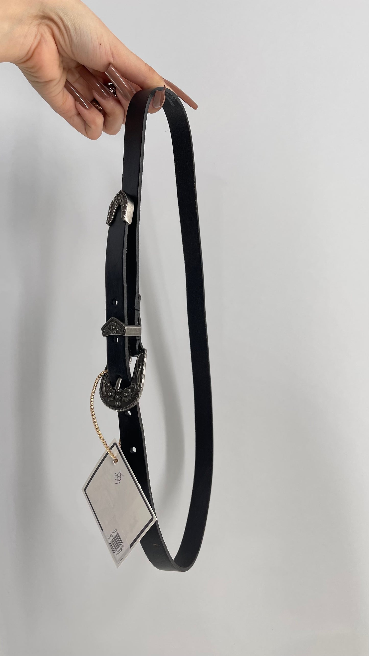 Skinny Black Leather Western Buckle Belt (XS/S)