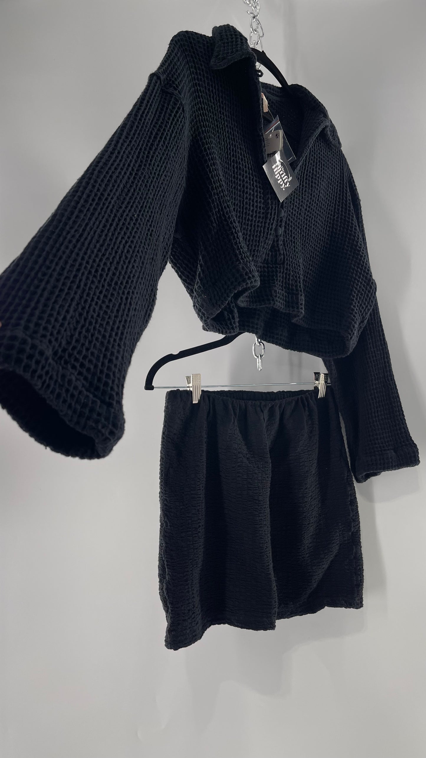 Free People Waffle Knit Black Cropped Button Up and Skirt Set with Tags Attached (Small)