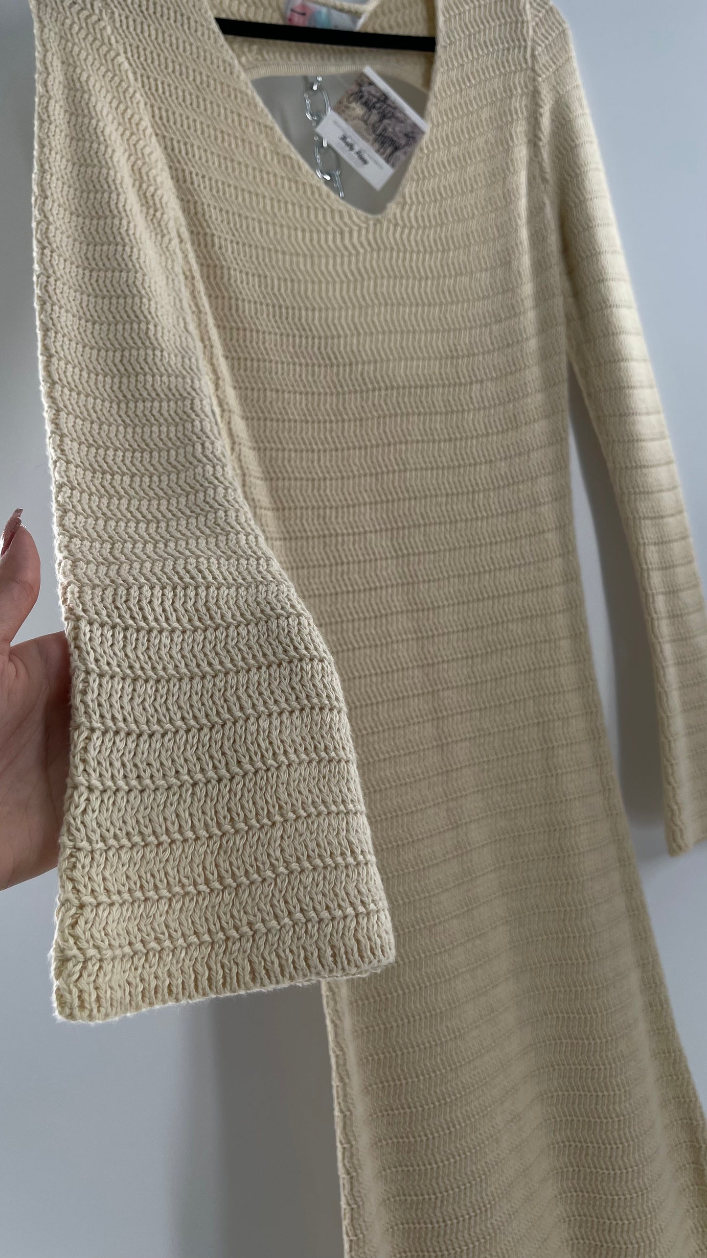 Free People Cozy Cream Knit Open Back Maxi Dress with Slight Bell Sleeve (Large)