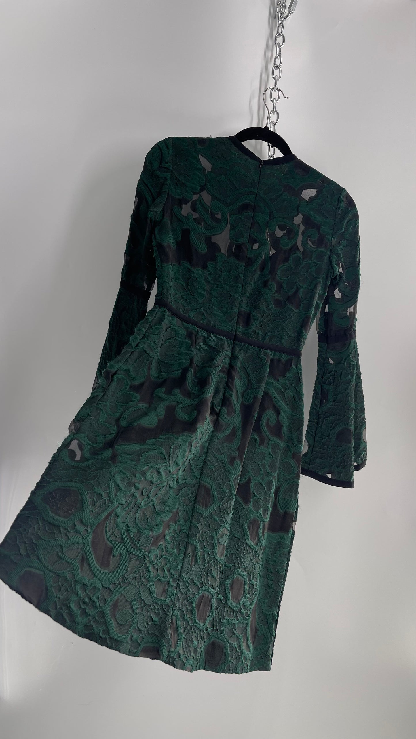 Vintage Ellie Saab Forest Green Lace Dress with Bell Sleeves (36)