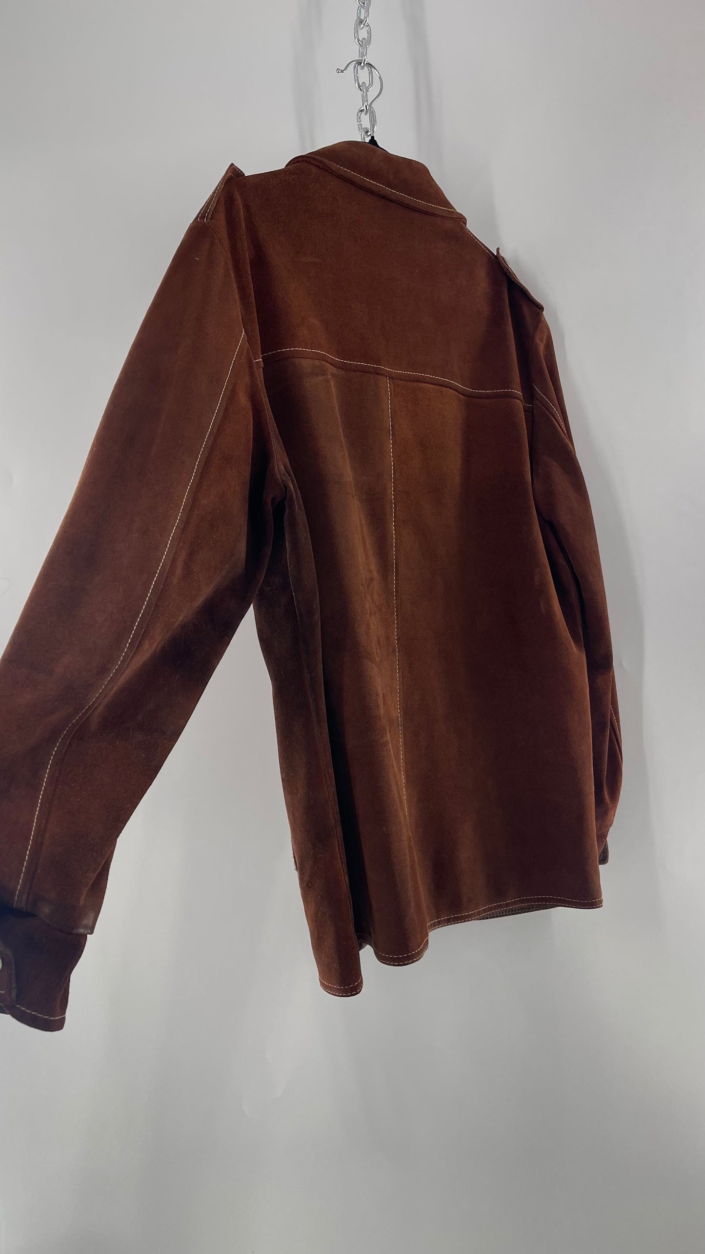 Vintage Brown Suede Jacket with Contrast White Stitching (C)(Large)