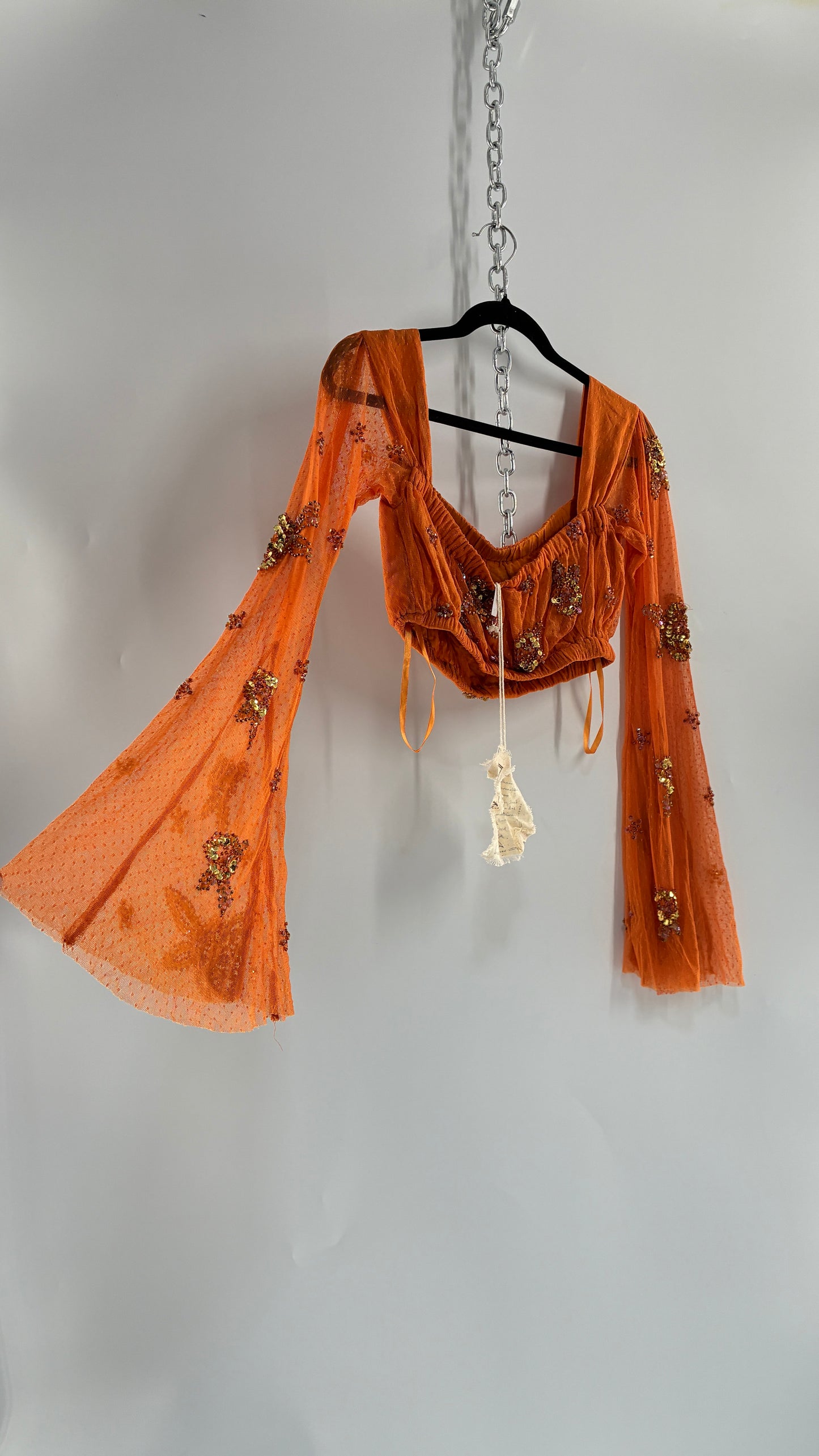 Free People Orange Off the Shoulder Beaded Bell Sleeve with Tags Attached (Medium)