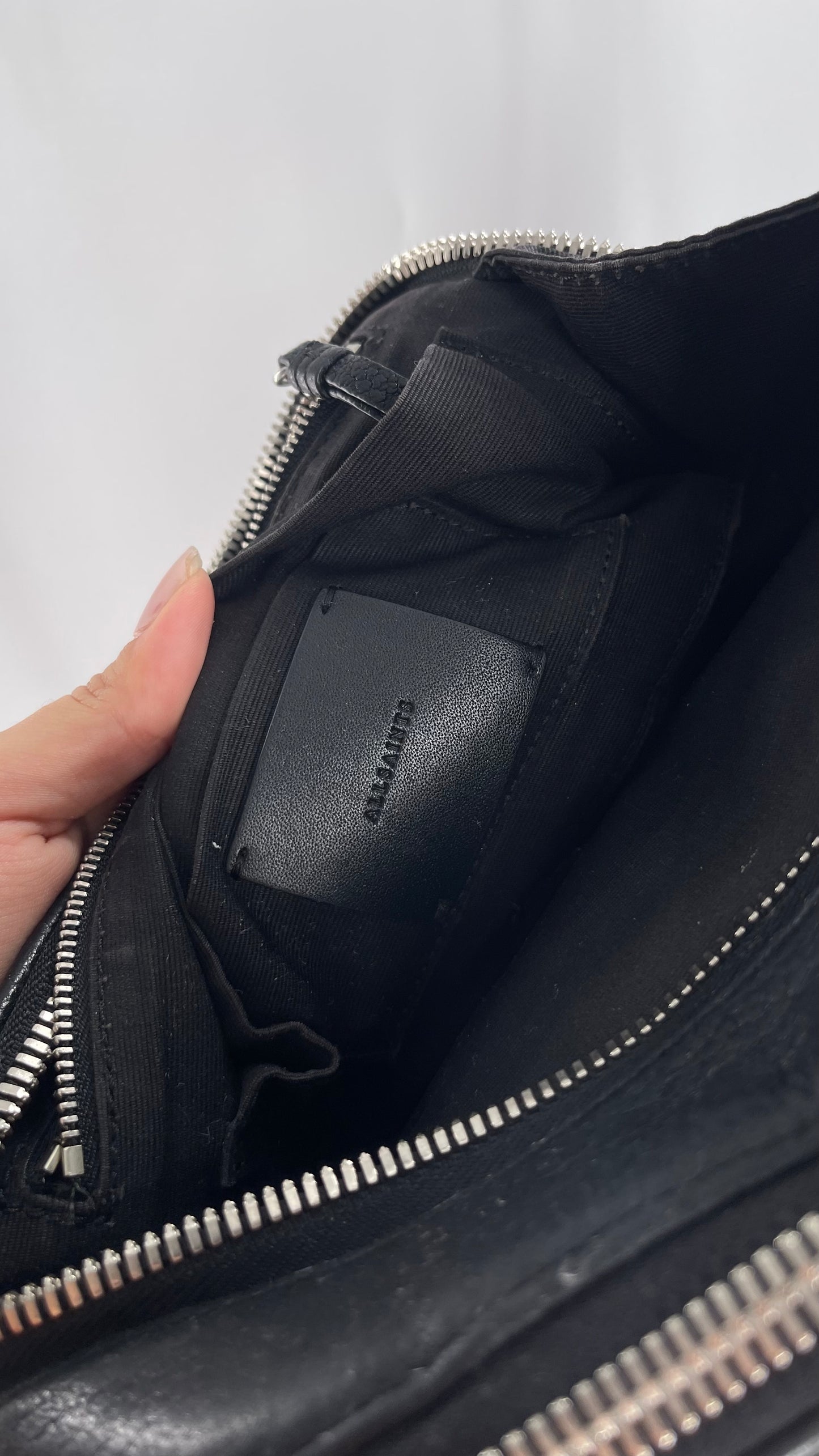 ALL SAINTS Black Leather Zippered Bag