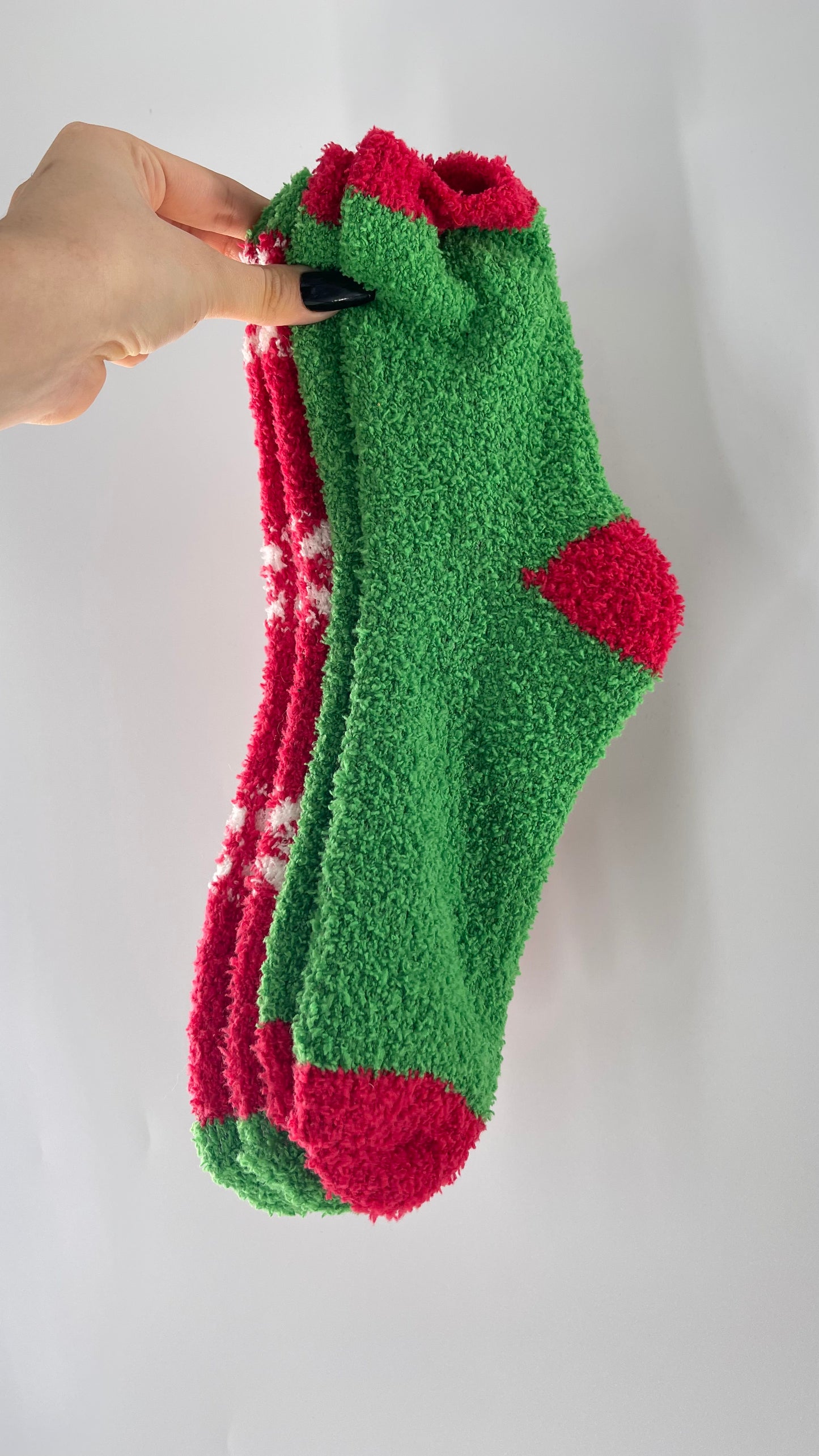 Festive Fuzzy Christmas Color Block Red Green Socks (Sz 8-12)