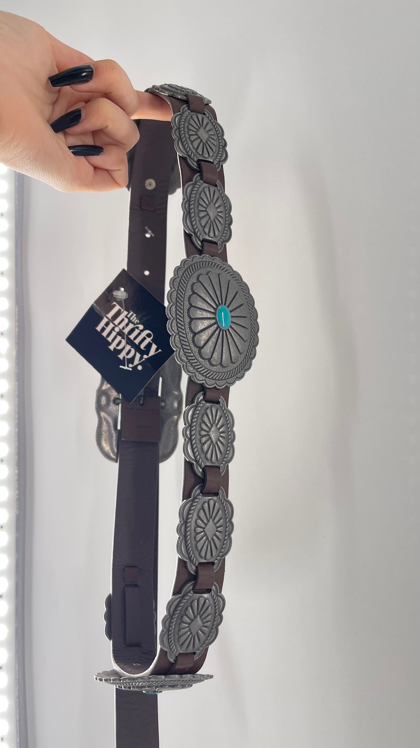Free People Brown Leather Belt with Heavy Duty Metal Engraved (Small)