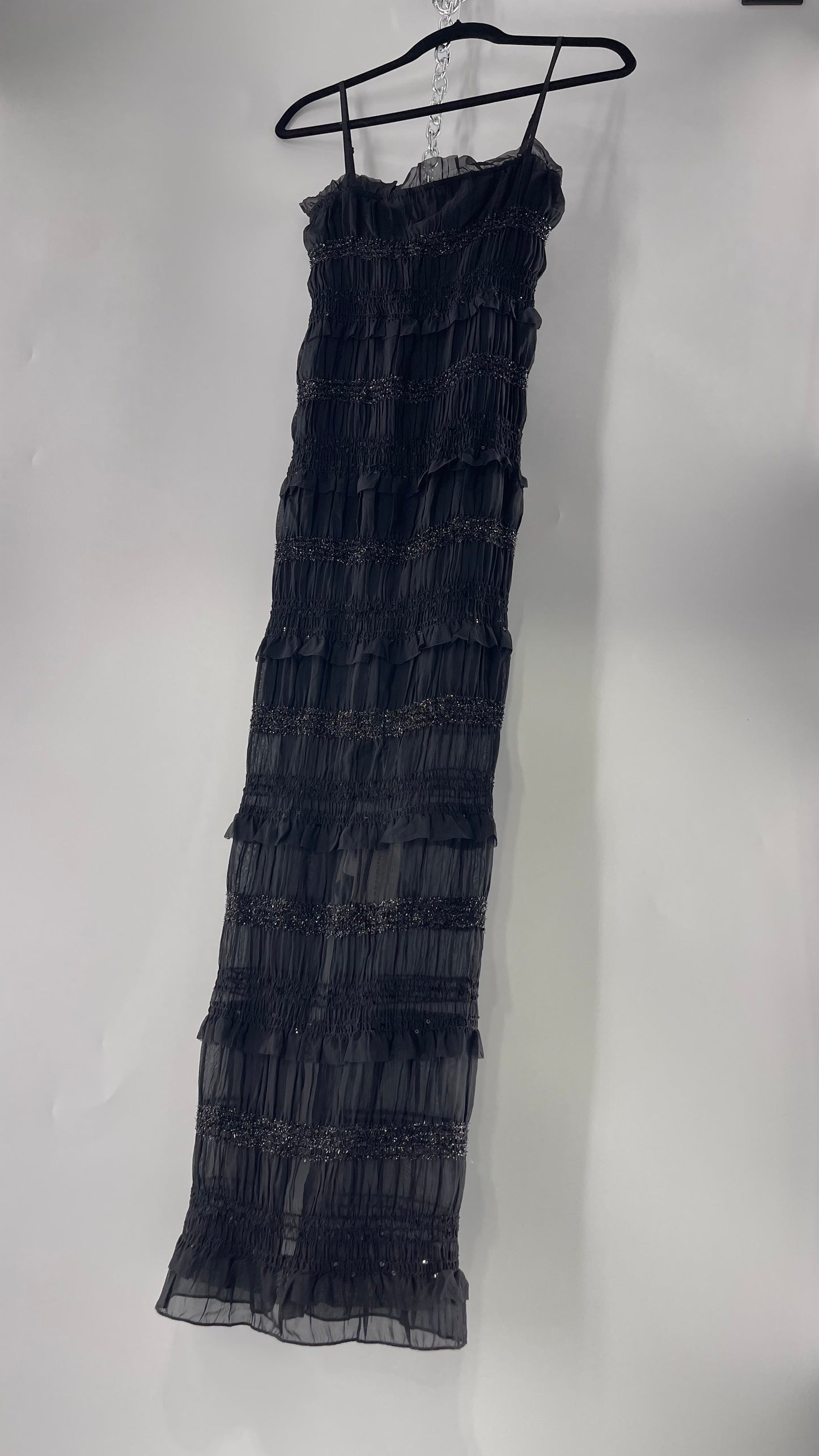 The Commense Black Sheer Crimped Midi Dress with Stripes of Tinsel and Ruffle with Tags Attached (Medium)