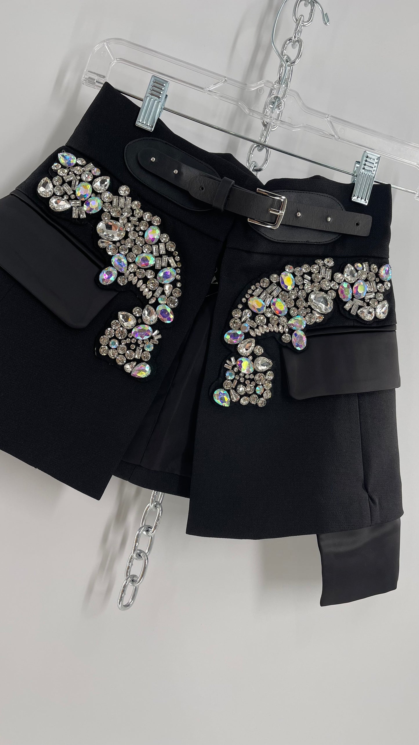 Black Skirt Belt Covered in Crystal Embellishments with Satin Flap Pockets (Medium)