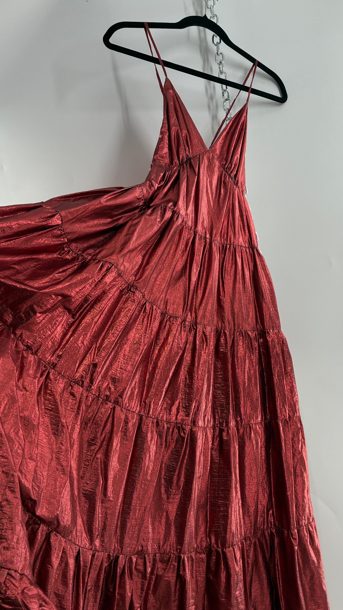 HUTCH Red Metallic Tiered Voluminous Maxi Gown (XS)