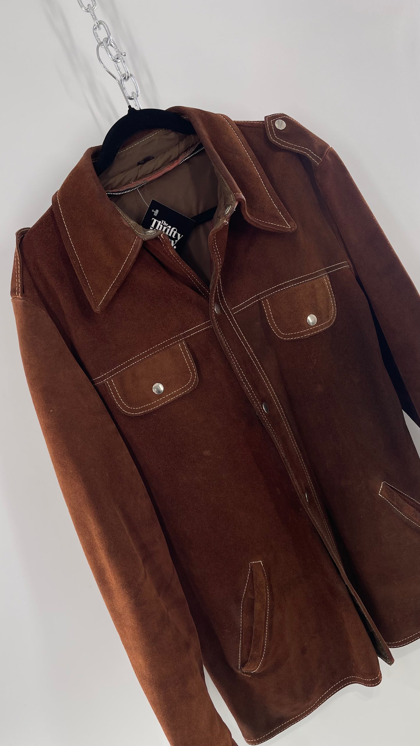Vintage Brown Suede Jacket with Contrast White Stitching (C)(Large)