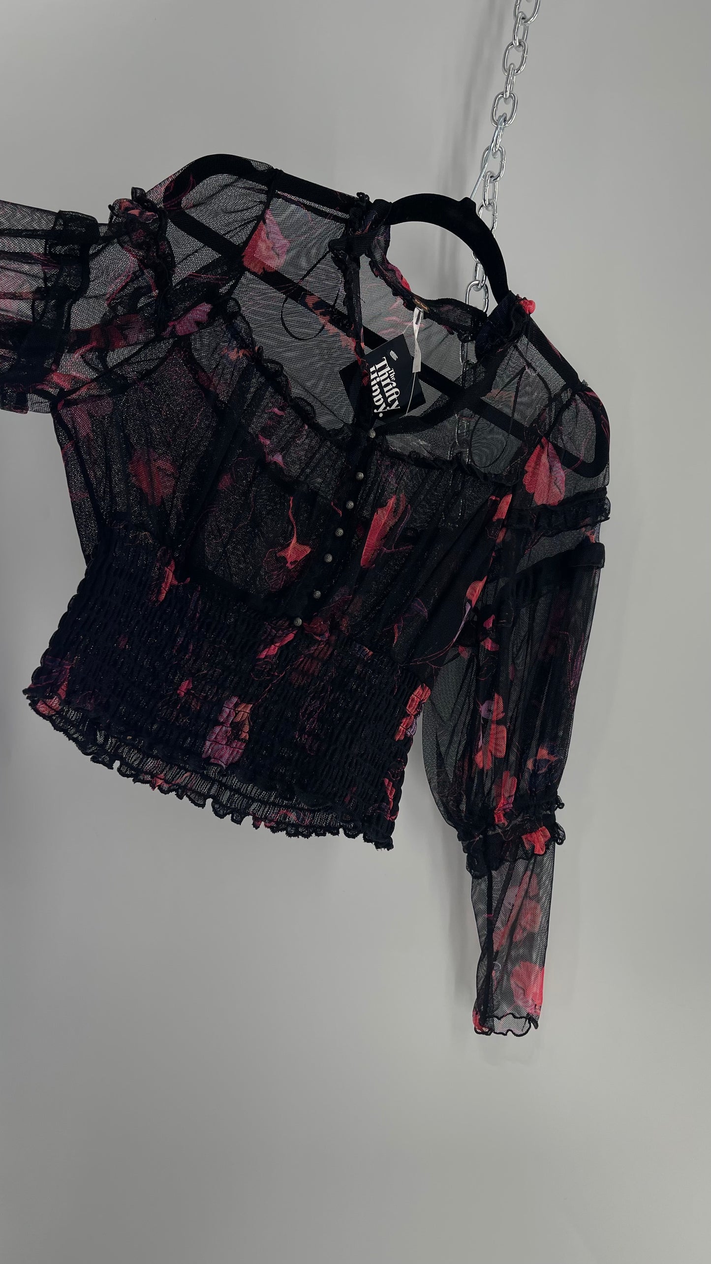 Free People Black Mesh Top with Smocked Waist, Buttoning and Contrasting Florals (Medium)