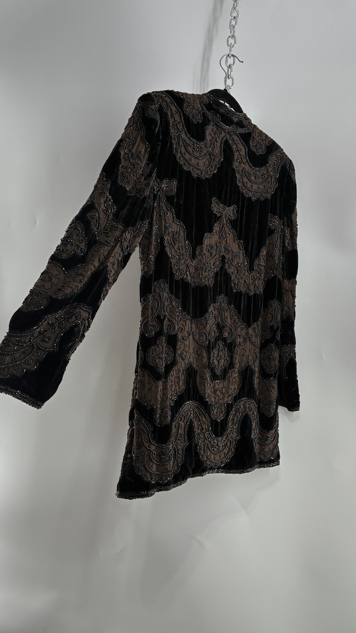 Vintage OLEG CASINI 100% Silk Velour Heavily Beaded Coat (Medium)