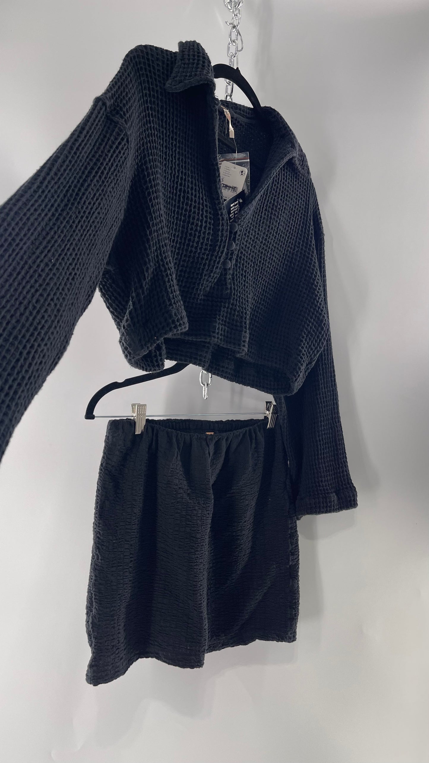 Free People Waffle Knit Black Cropped Button Up and Skirt Set with Tags Attached (Small)