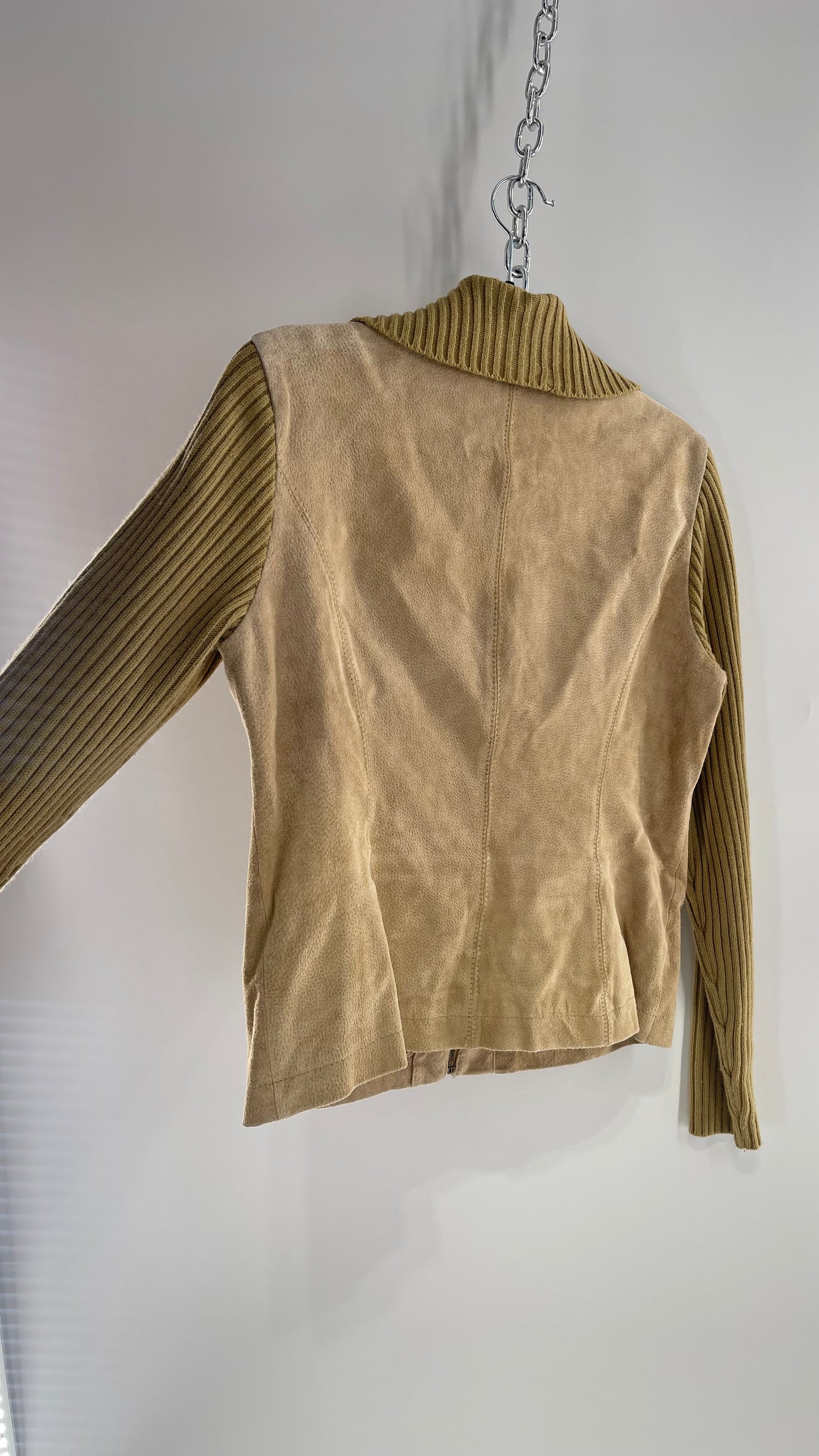 Live a Little Beige/Tan Suede Jacket with Ribbed Knit Sleeves and Collar (Medium)