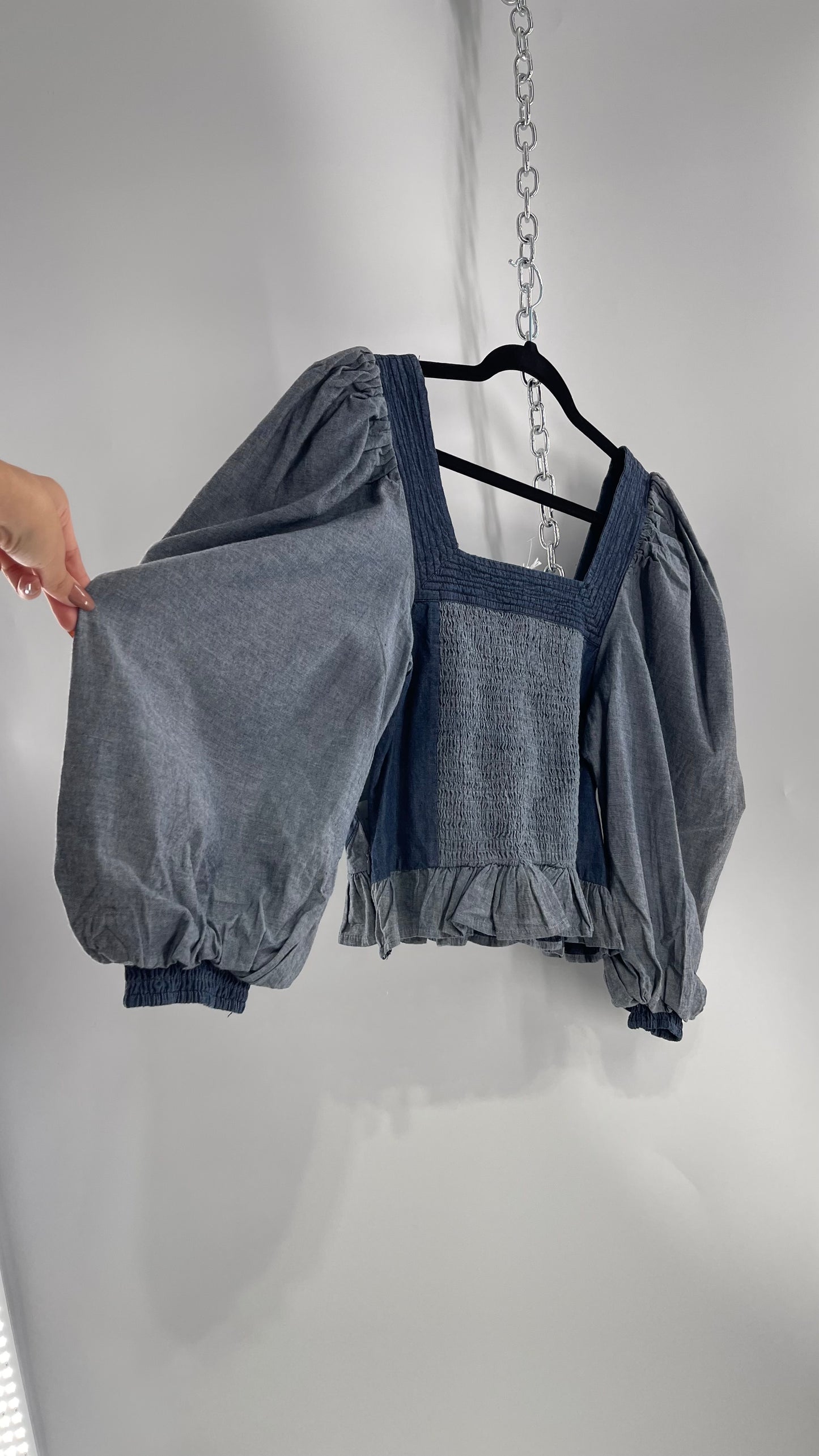 Love the Label ANTHROPOLOGIE Chambray, Chevron, Denim Smocked Blouse with Dramatic Sleeves and Tags Attached (Small)