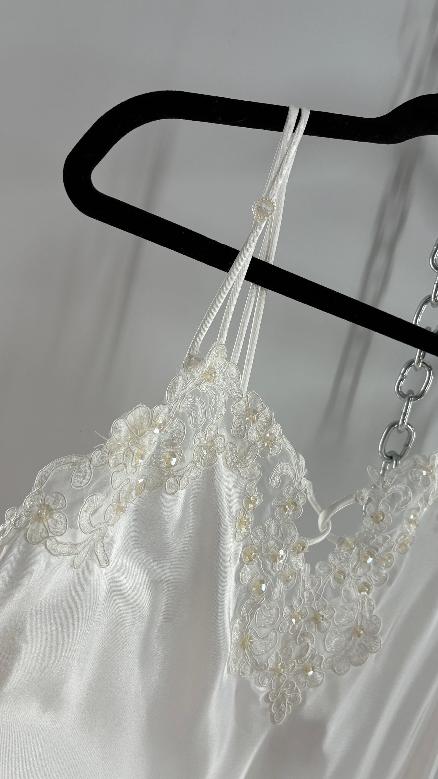 Vintage California Dynasty White Glossy, Silky Night Gown Style Dress with Sequined Lace Bustline (Small)