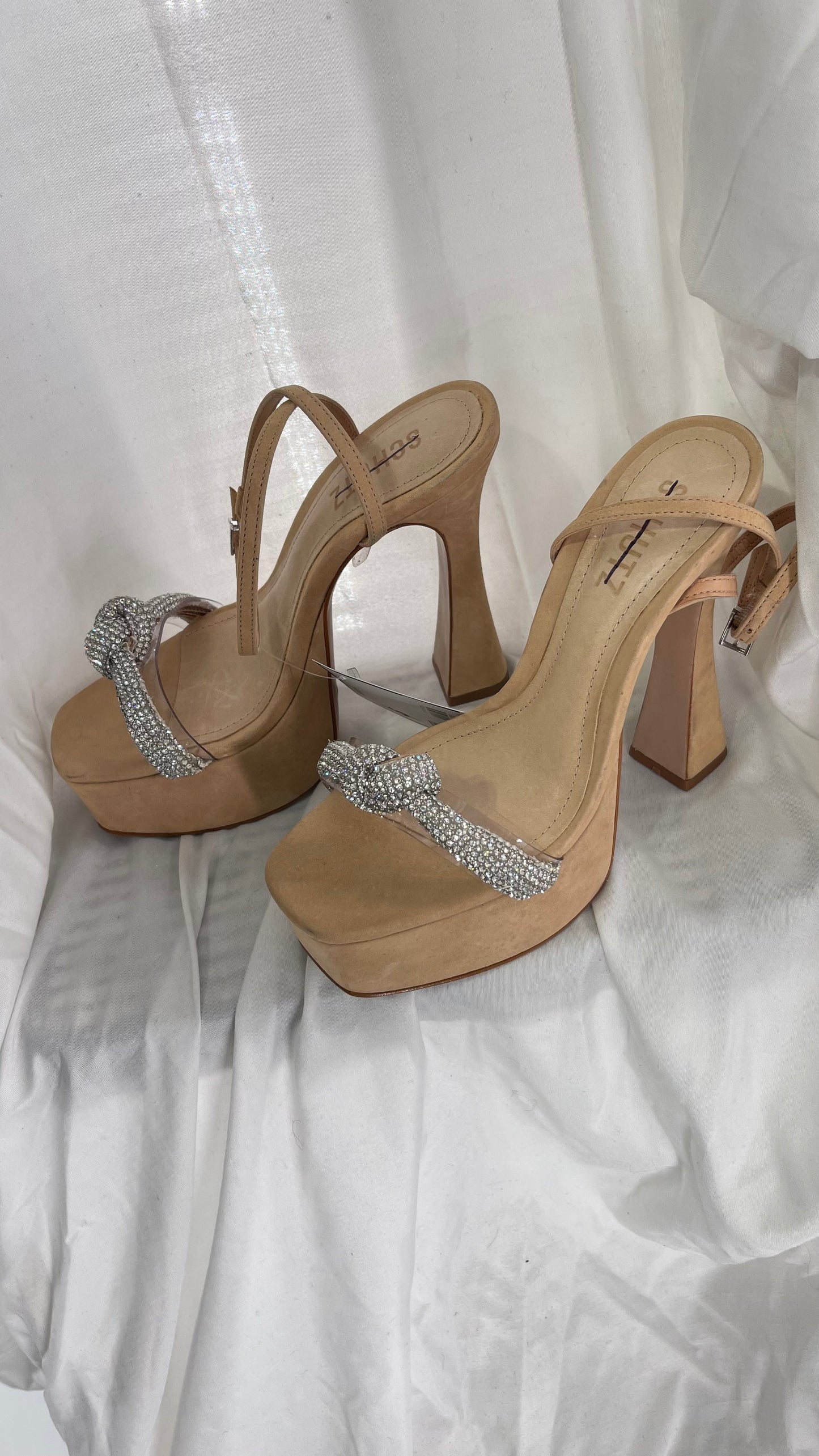 SCHÜTZ Peaky Beige/Tan/Nude Platform Heel with Funky Heel and Clear Knot Rhinestone Toe Strap (6)