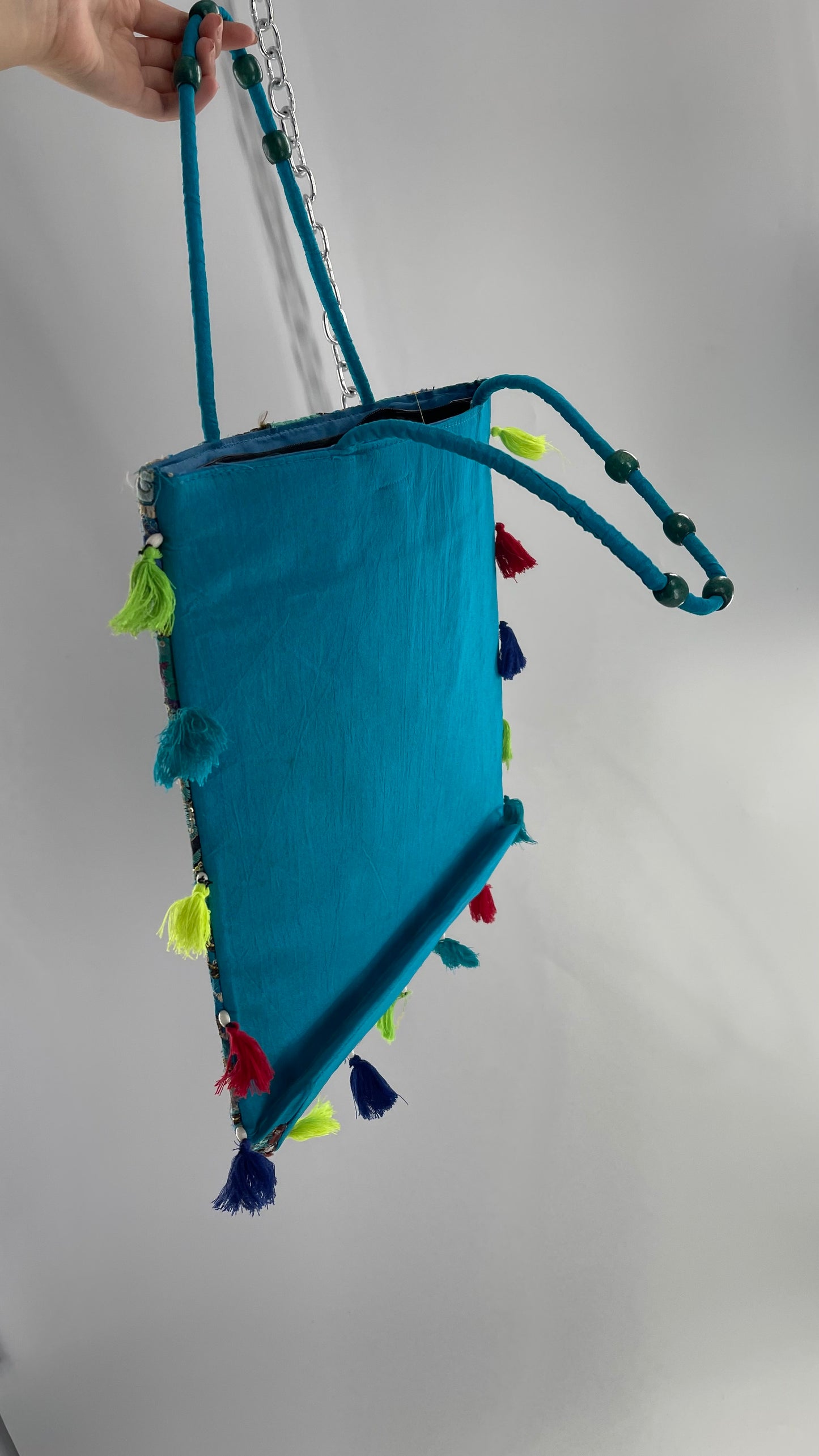 Imported Blue Patchwork Tote from Brazil with Tassel Detailing