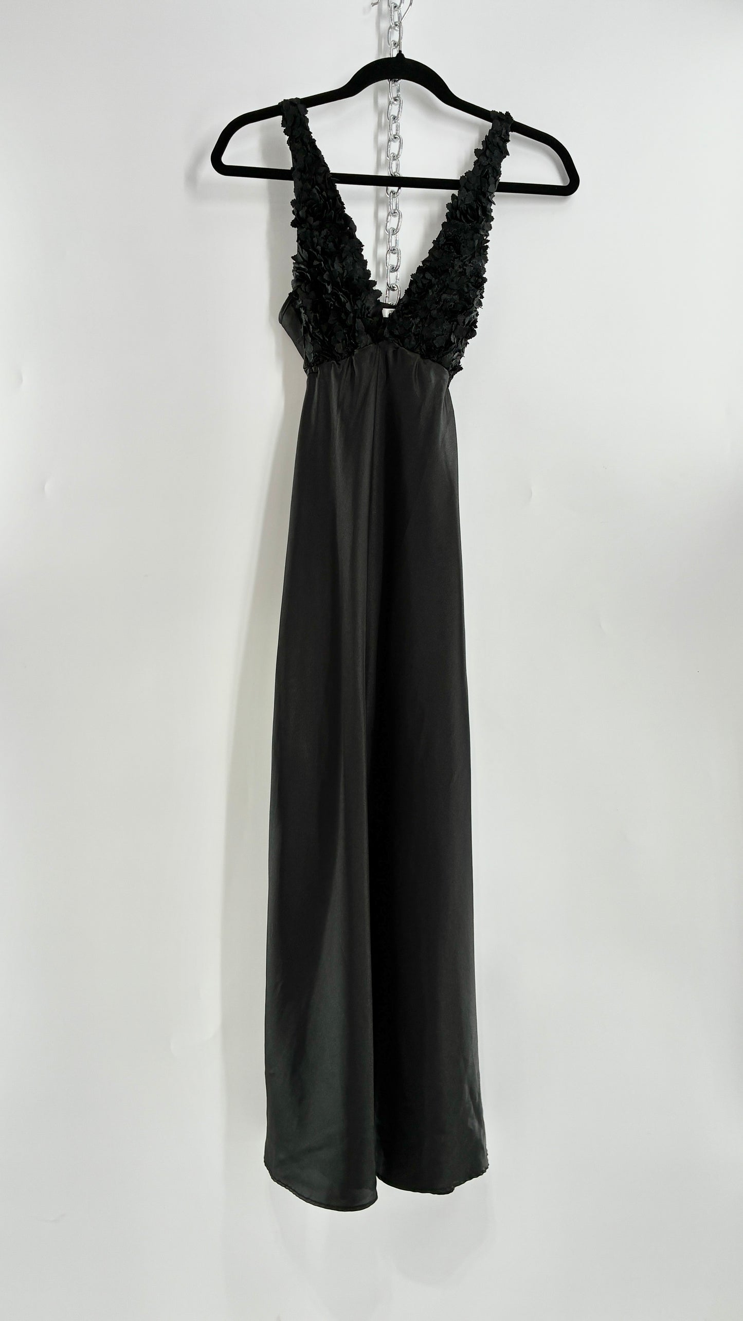 Vintage FLORA Black Slip Gown with Textured Floral Bust (Small)