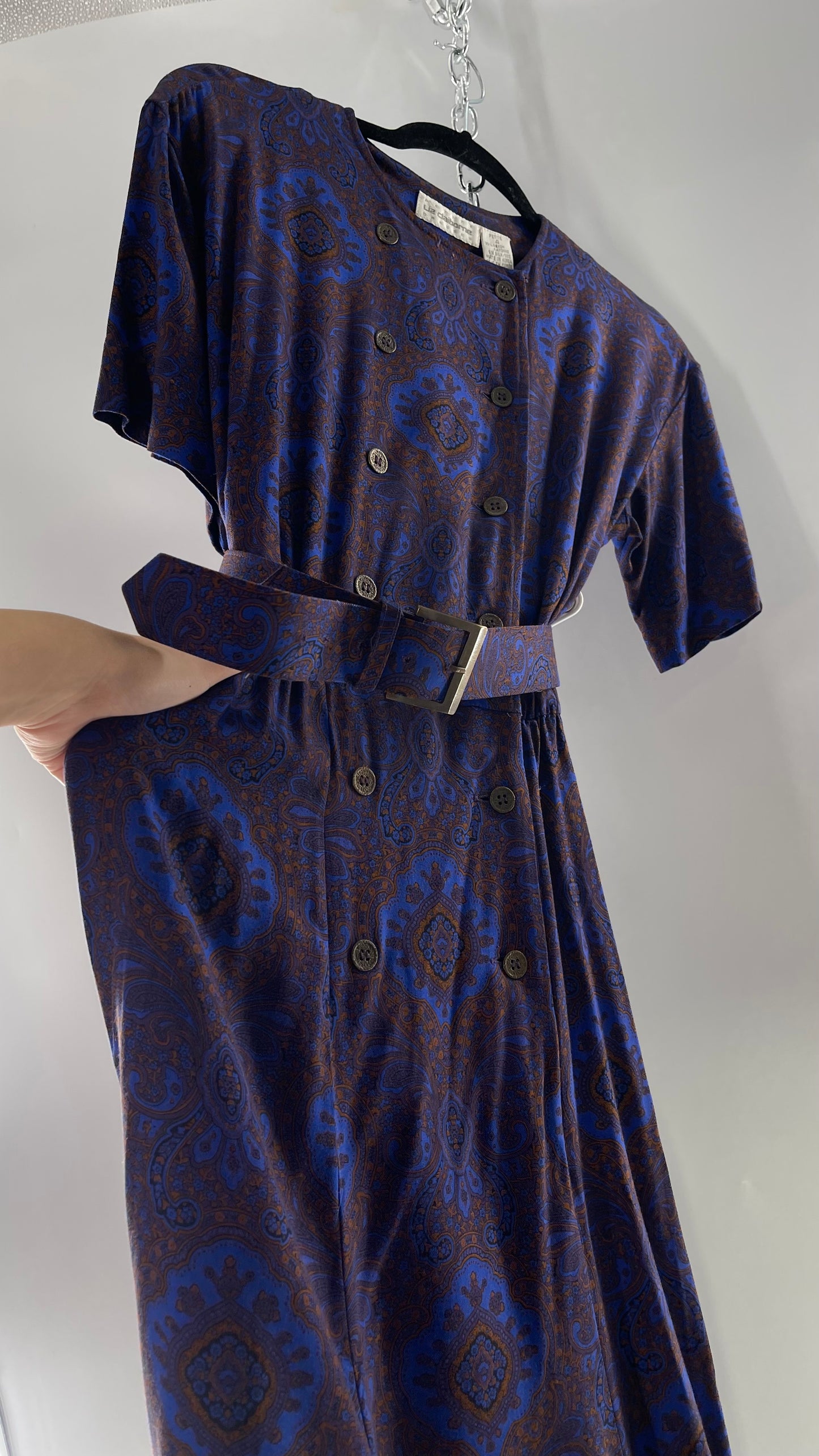 Vintage Liz Claiborne Cobalt Blue and Mustard Paisley Patterned 60s Style Dress(4)