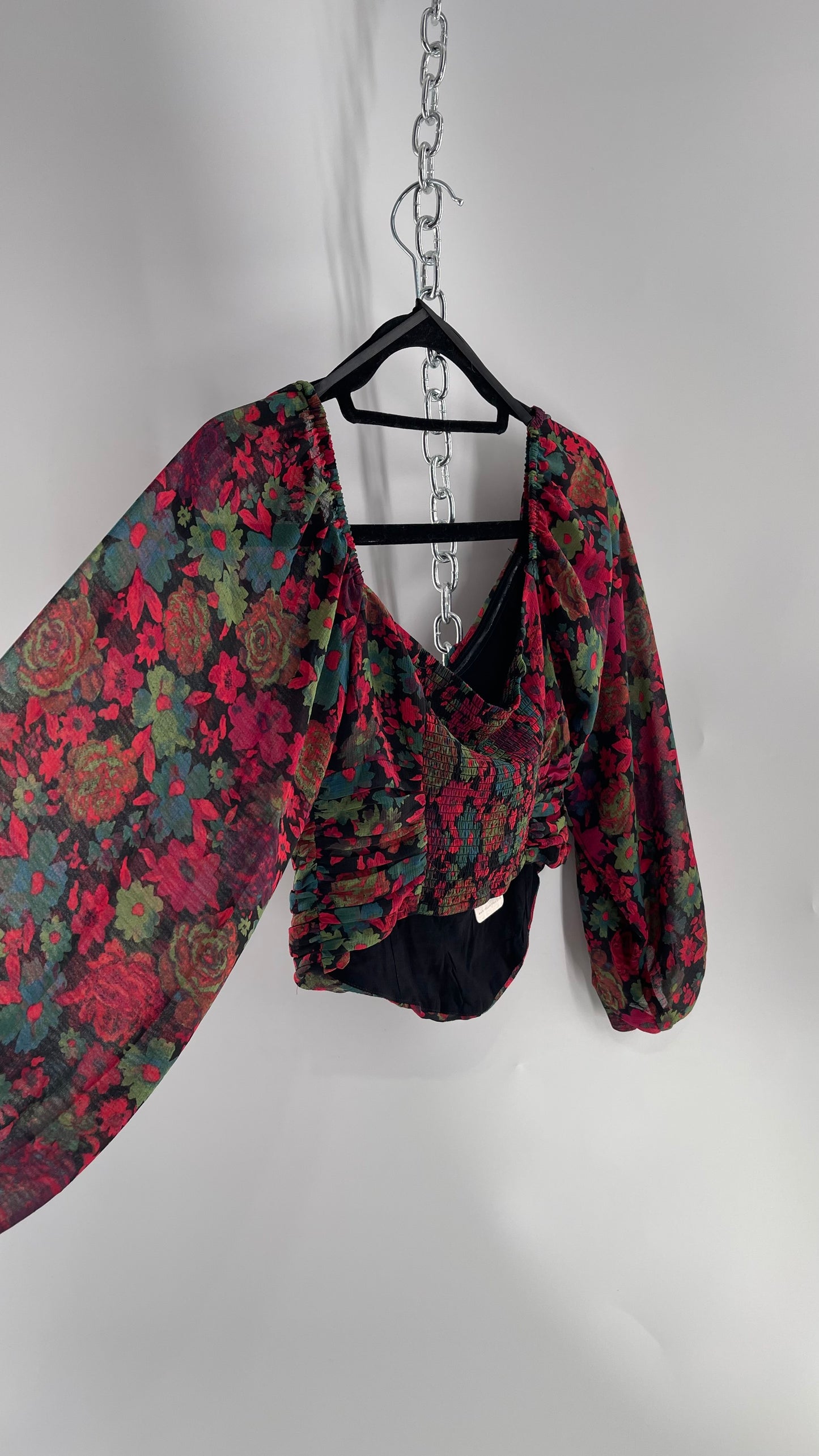 Free People Cropped Floral Blouse with Ruched Body, Balloon Sleeves and Appliqué Rosette Bustline with Tags Attached (Small)