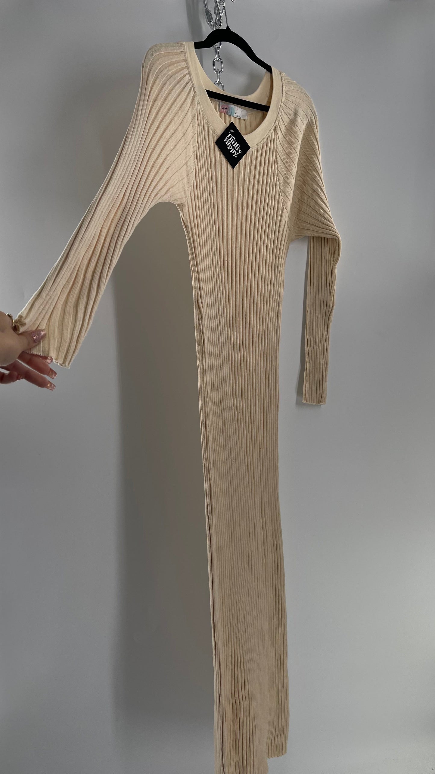 Free People Beige Knit Full Length Cozy Dress (Large)