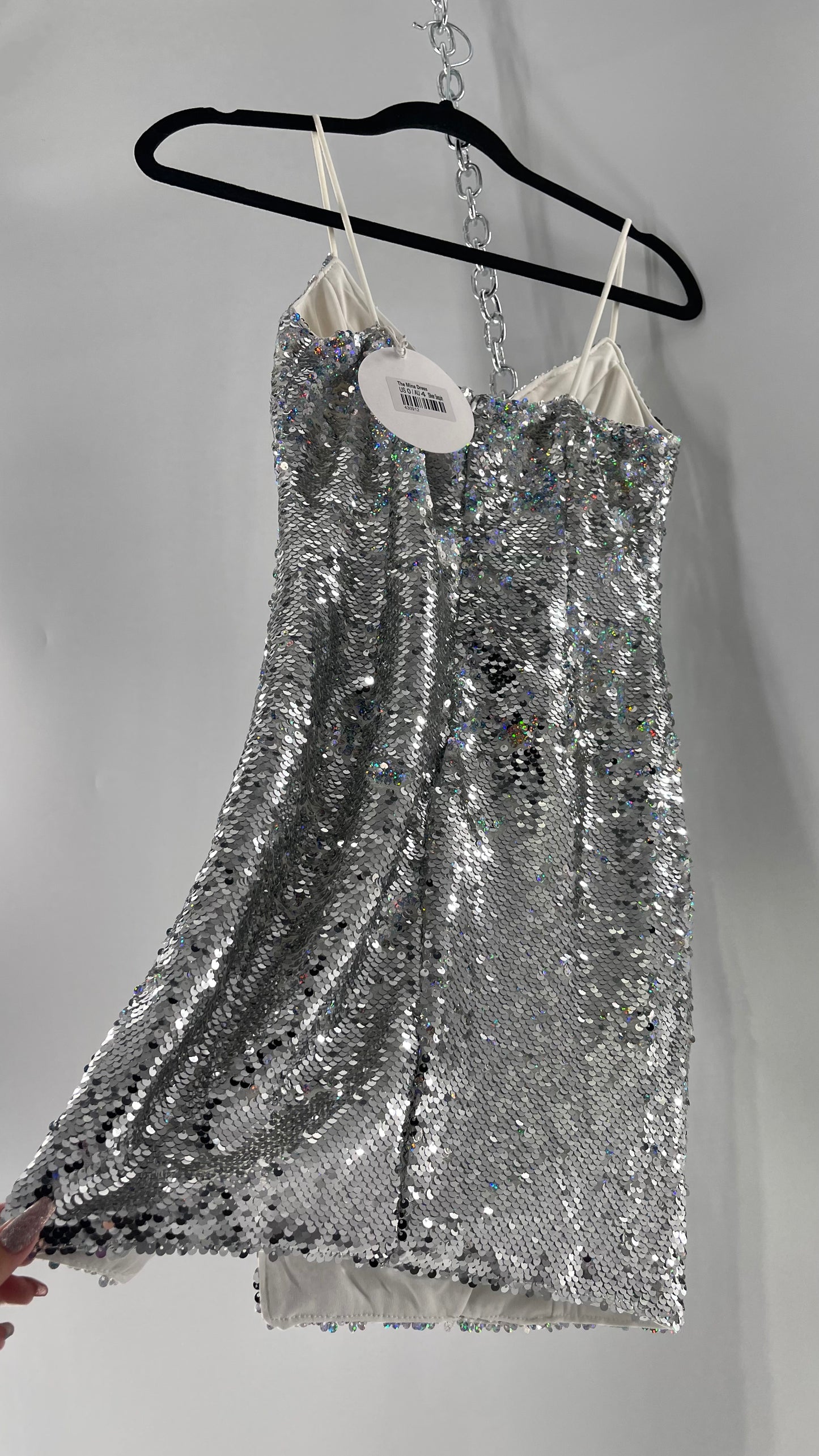 Princess Polly Silver Iridescent Sequin Mini Dress with Triangle Cups and Thigh Slit (0)