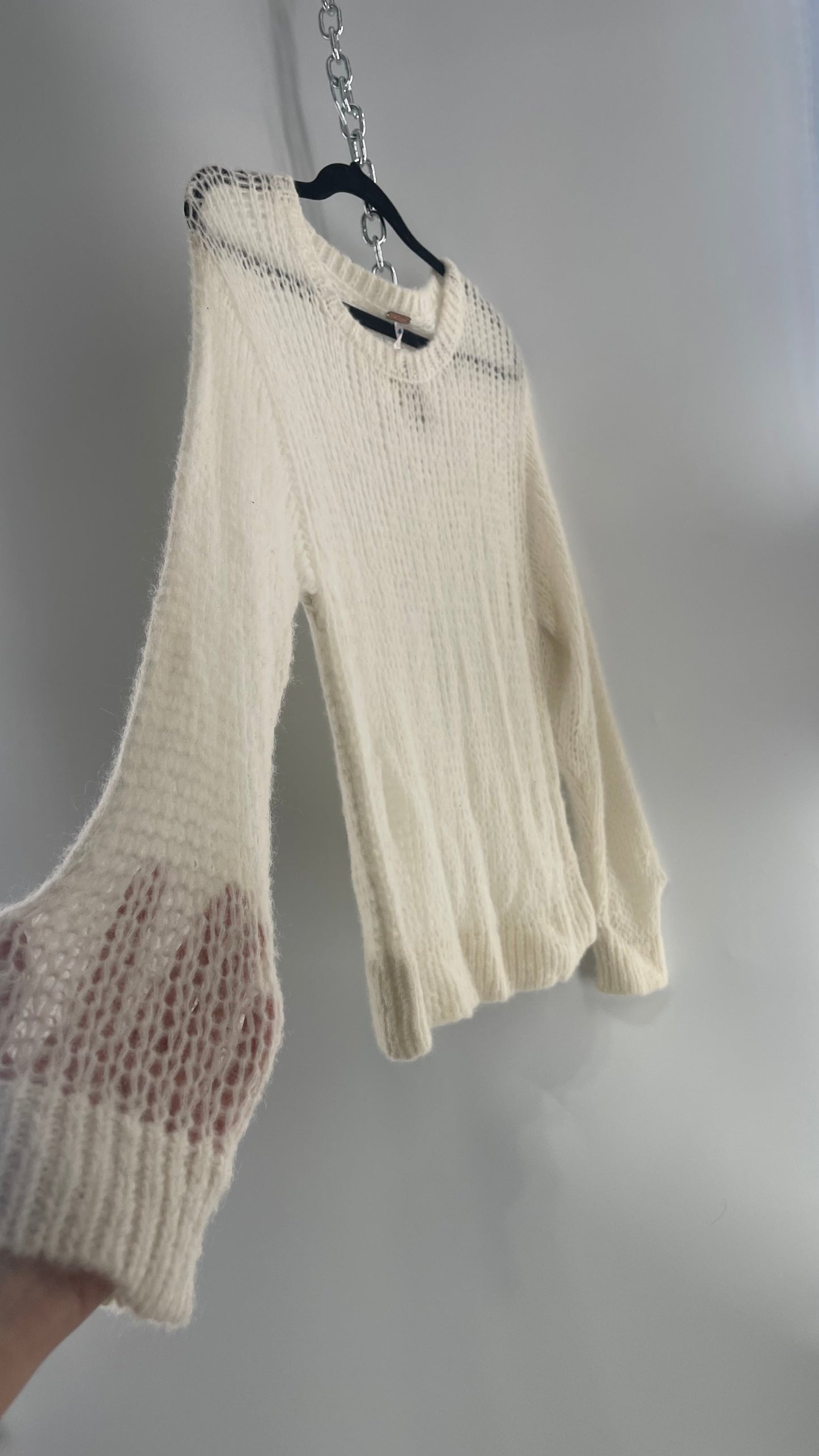 Free People White Open Knit Sweater 56% Alpaca (Medium)