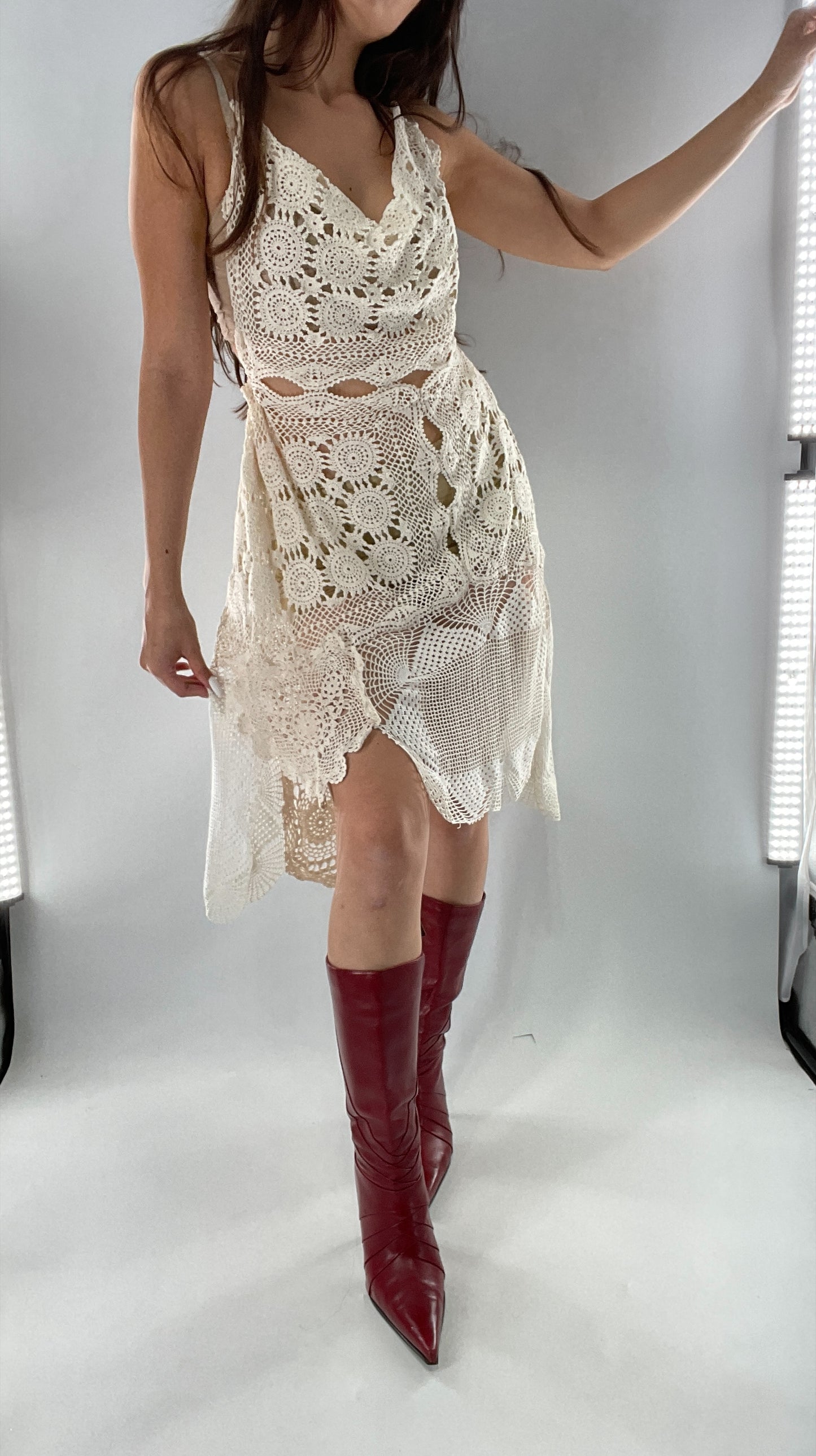 Vintage Handmade Crochet Cottage Adjustable Dress with Open, Low Back (One Size)