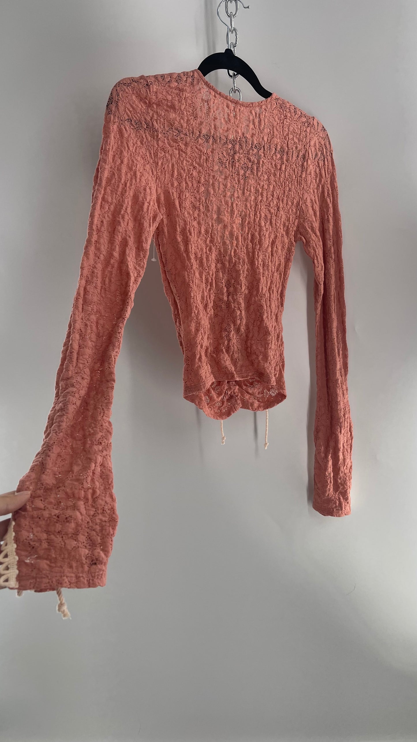 Free People Pink Lace Long Sleeve with Beige Lace Up Sleeve Detail (XS)