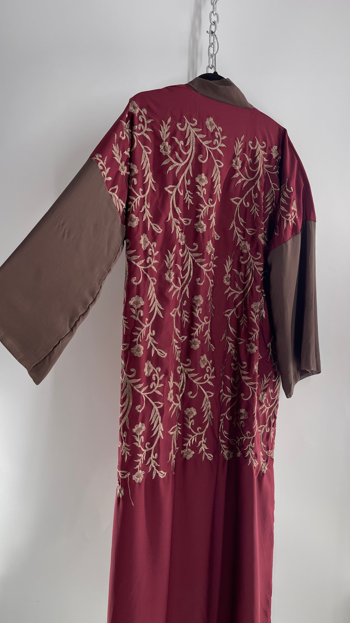 Vintage Embroidered Burgundy Sweeping Duster Coat/Cape with Tan Embroidery