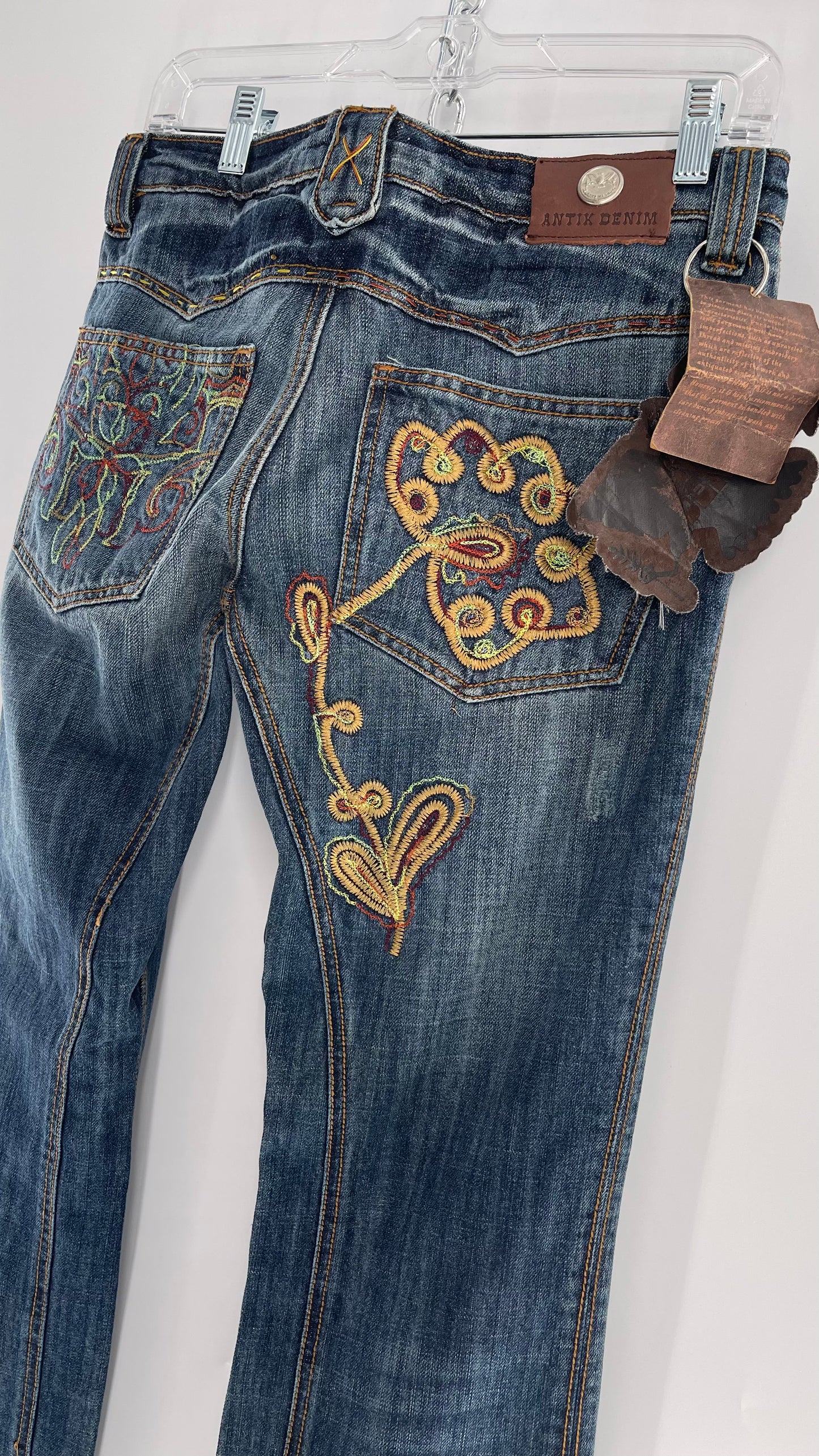Vintage RARE Antik Denim Kick Flares with Embroidered Flower Design and Contrast Stitching (28)