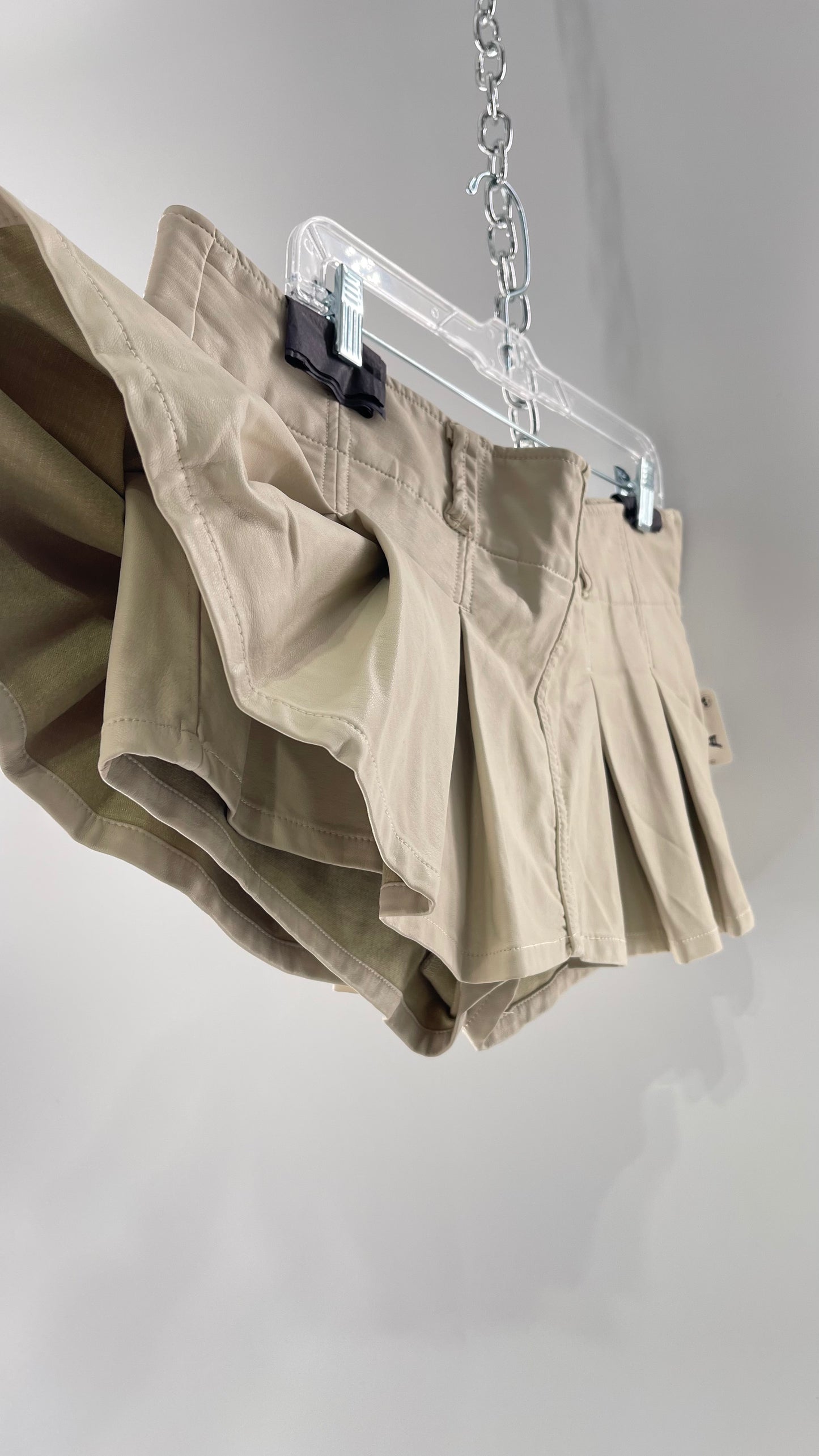 Free People Off White Pleated Vegan Leather Ultra Micro Mini Skirt with Hidden Built in Shorts (12)