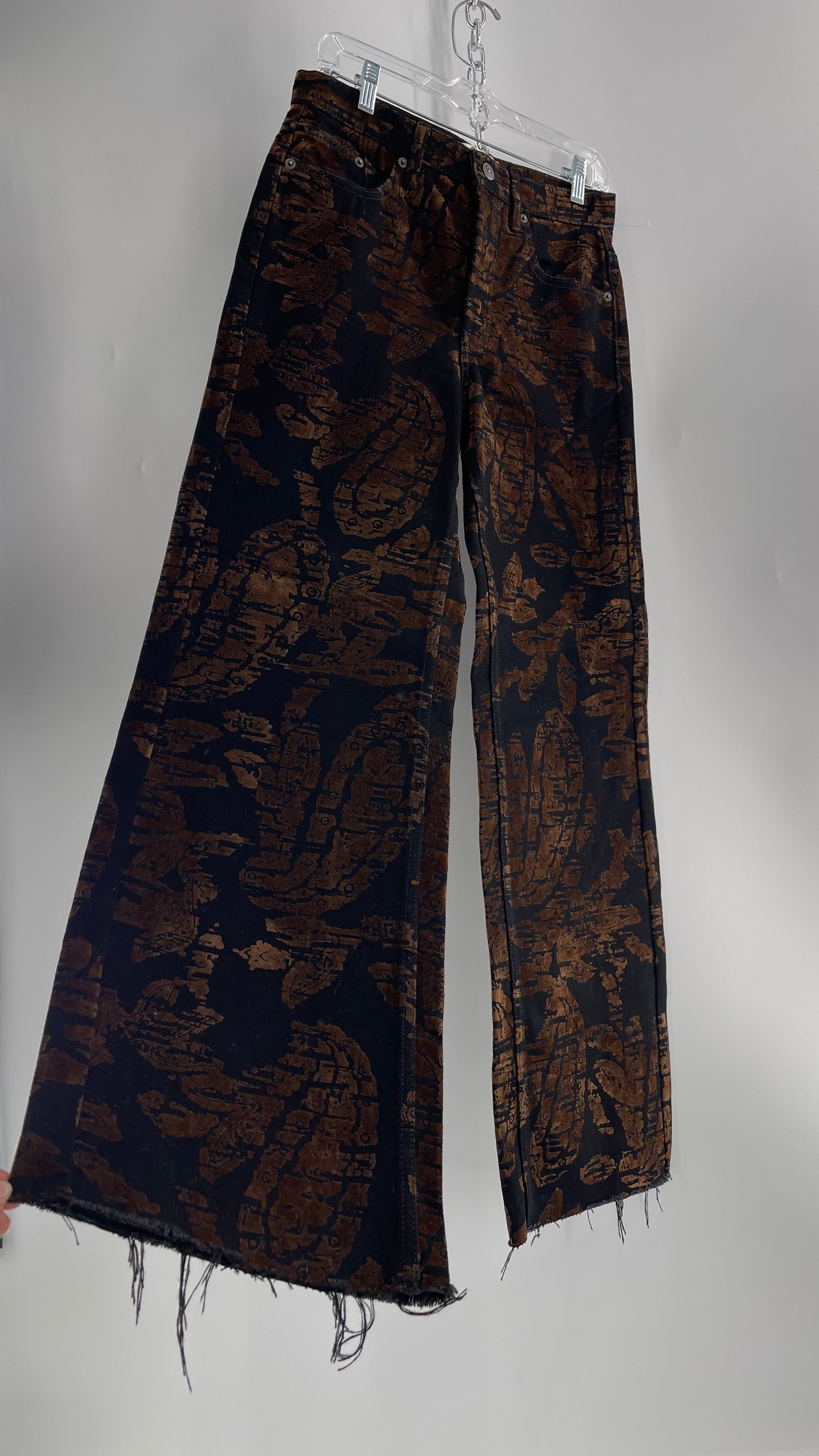Free People Black/Brown Velvet Texture Graphic Straight Legs with Raw Edge Hem and Tags Attached (28)