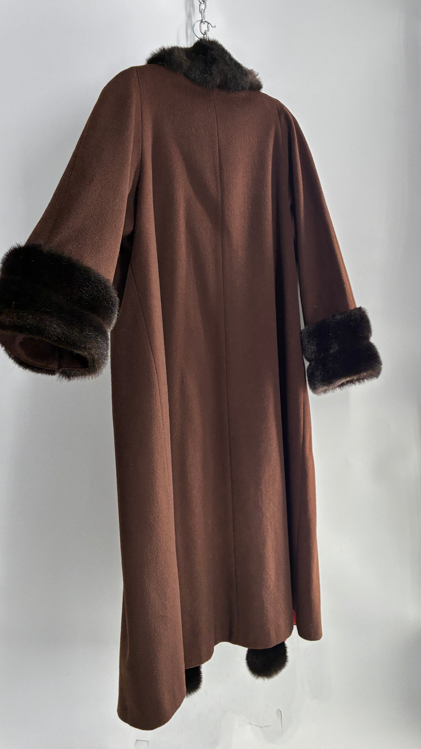 Vintage ALORNA Brown 75% Wool Duster, Full Length Coat with Vegan Fur Pom Pom Trim (12)