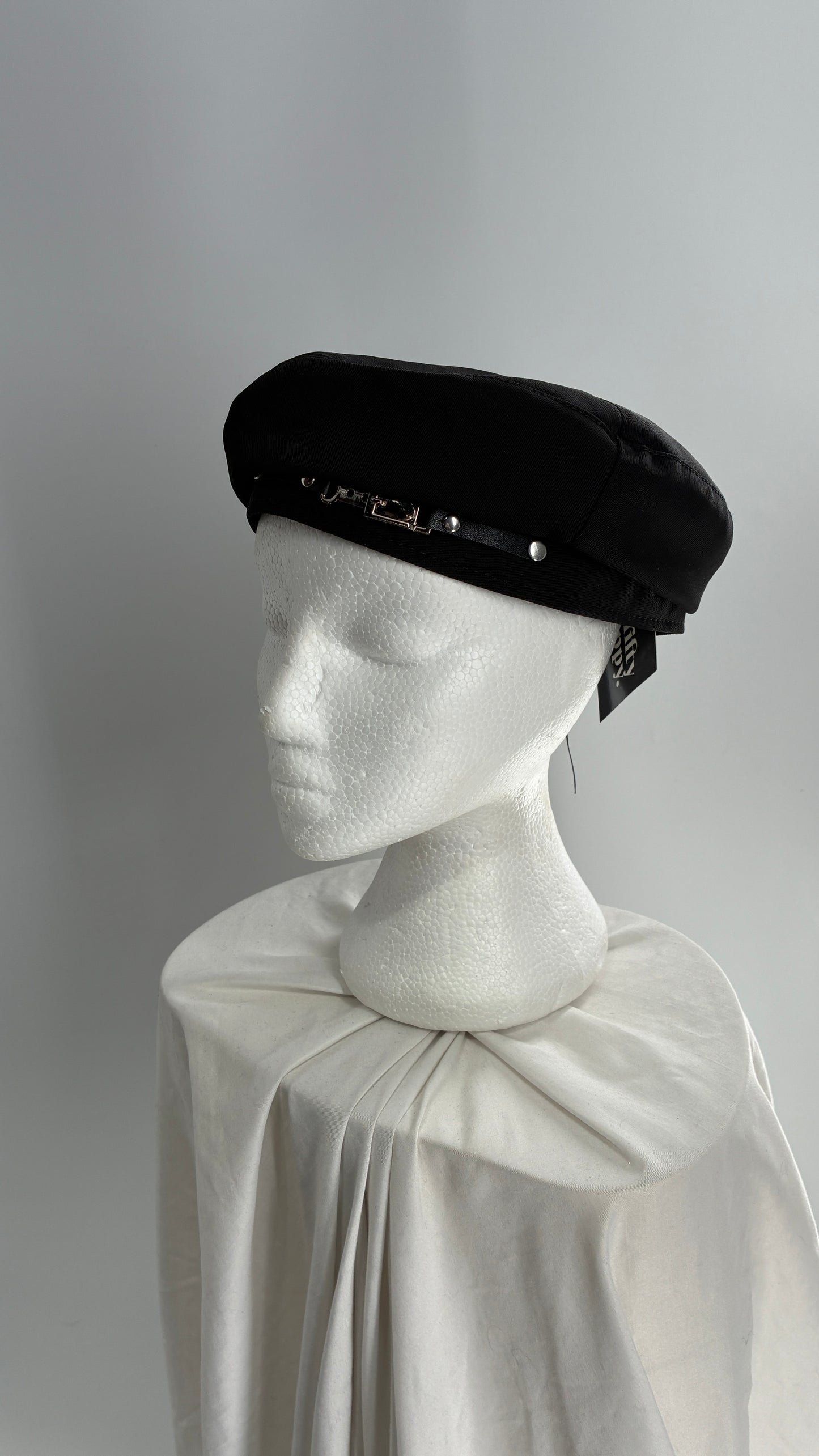 Black Beret with Vegan Leather Strap with Silver Metal Hardware