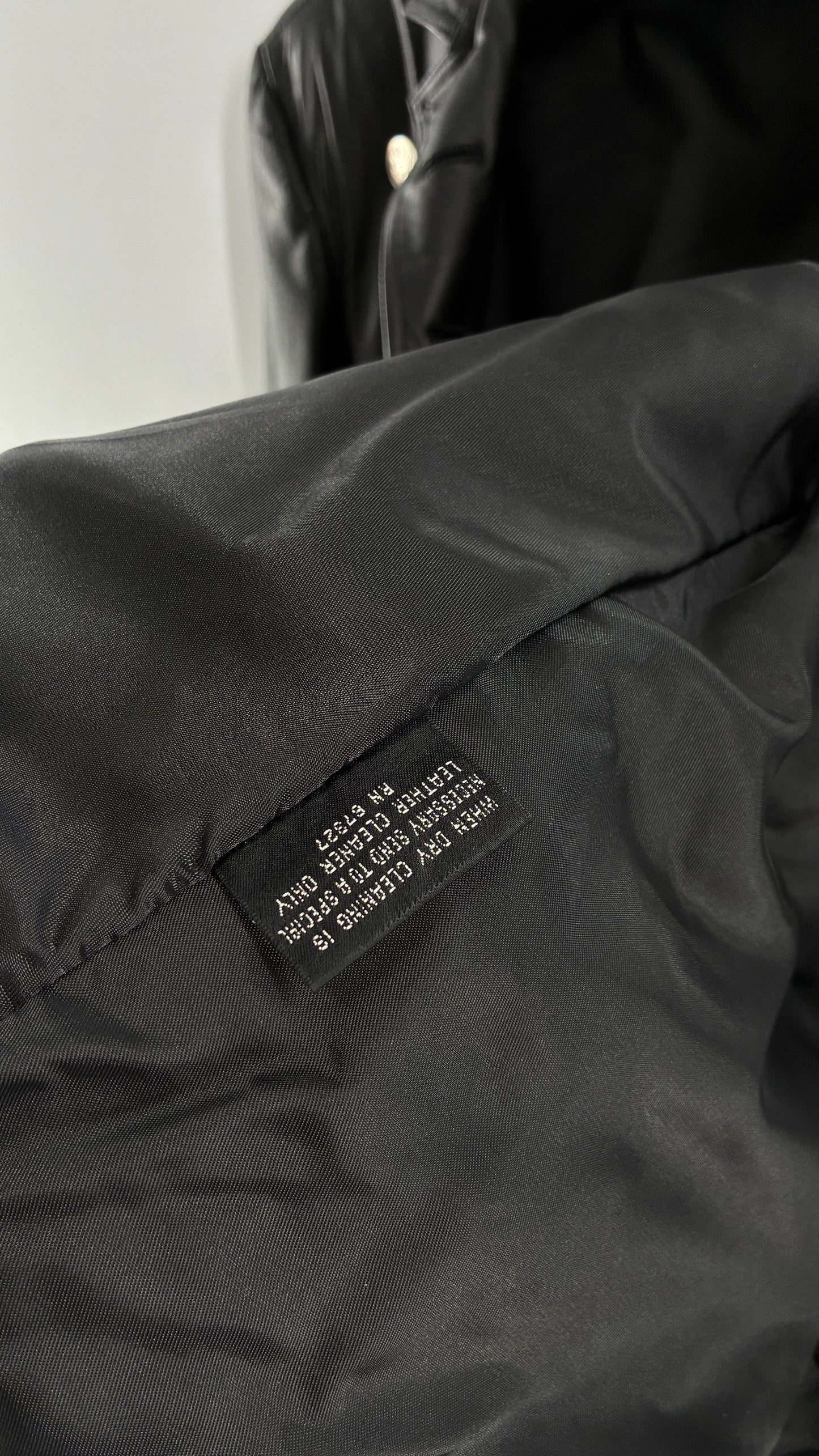 Vintage Virginia Slims Black Genuine Leather Military Jacket with Double Breasted Embossed Buttons (Large)