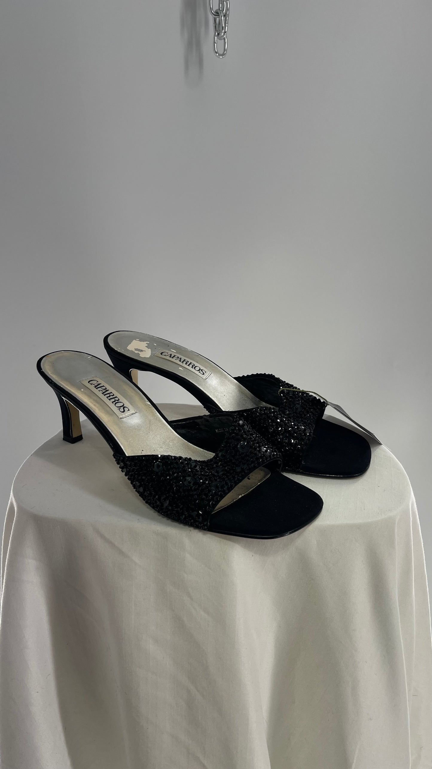Vintage Caparros Black Square Toe Kitten Heel with Sequin Embellishments (9)