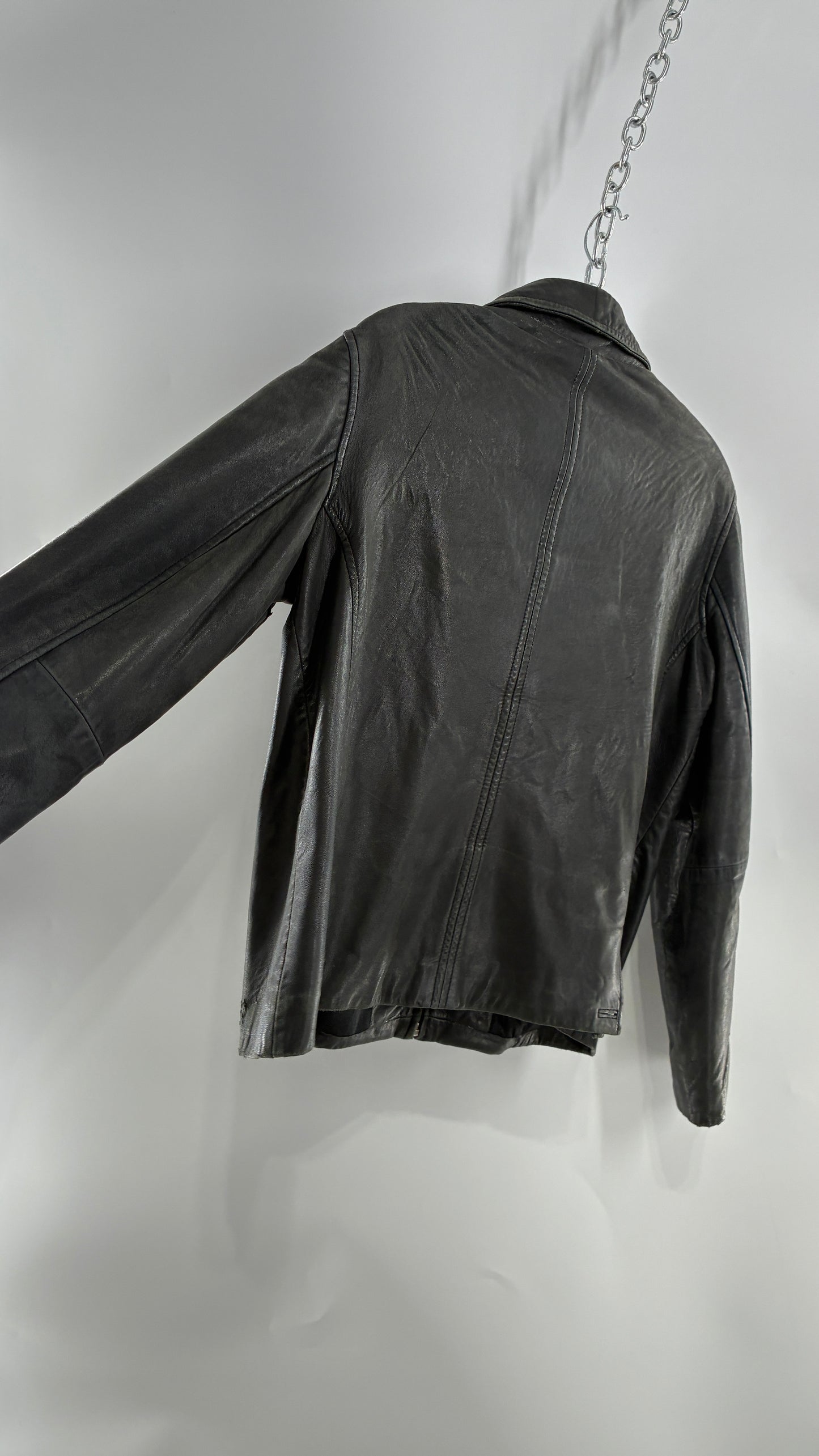 Vintage WINLIT New York Black Leather Collared Zip Front Paneled Jacket (Large)