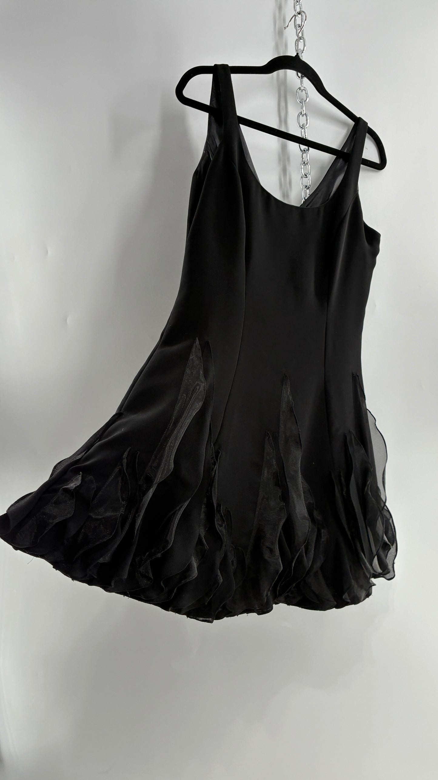 Vintage JS BOUTIQUE Black Structured Petite Mini Dress with Ruffled Hem (10P)